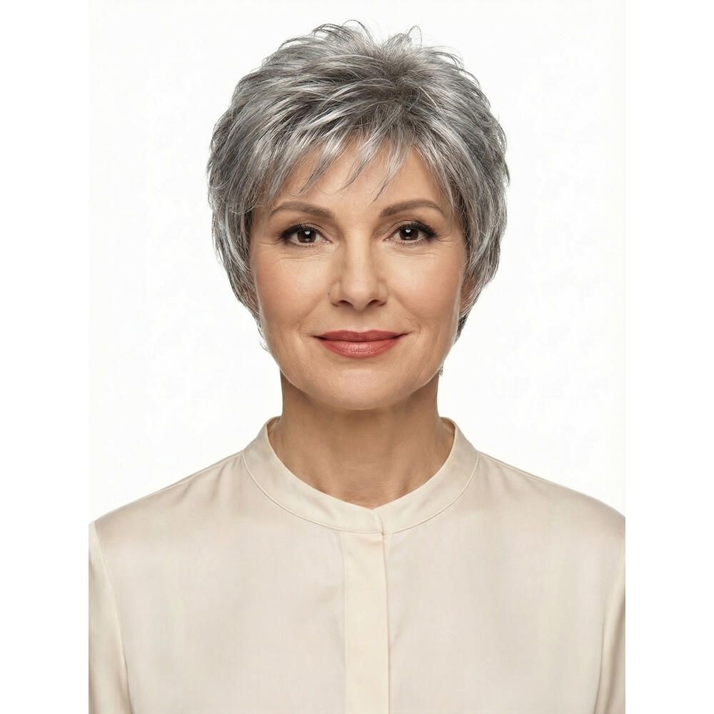 Kurzhaarperücke in Grau. Frontale Ansicht einer Frau mit Perücke. Helles Oberteil. Weißer Hintergrund.