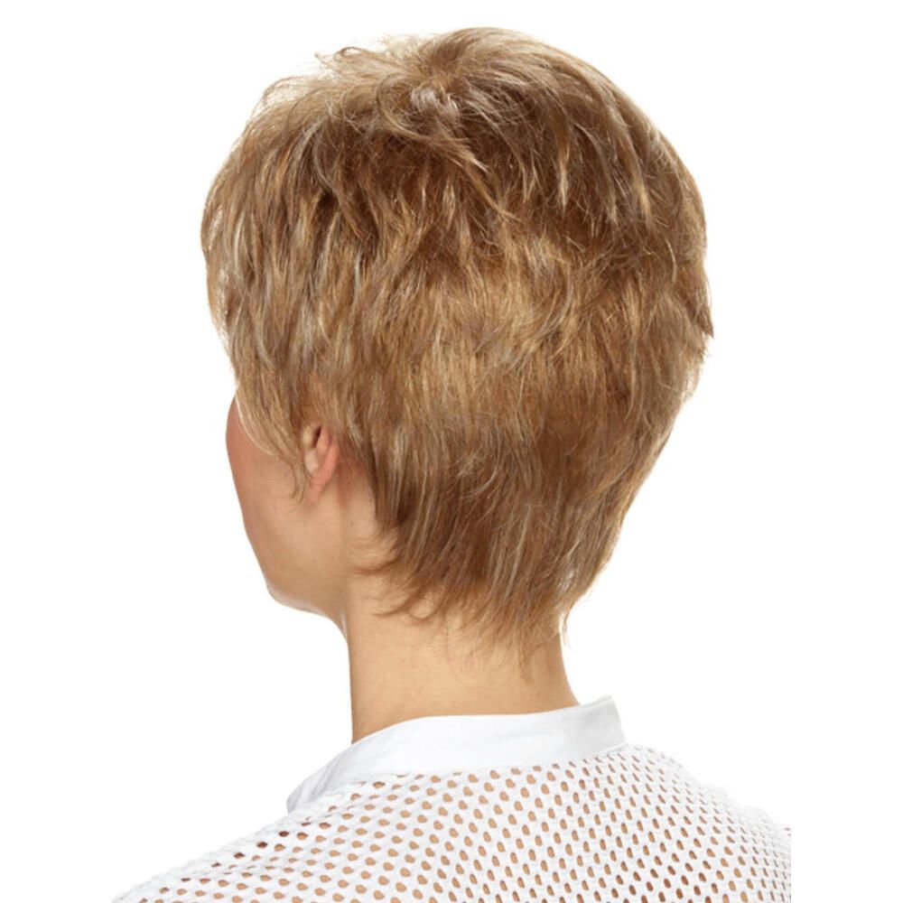 Kurzhaarperücke, blondiertes Haar, Rückansicht, Frau mit weißem Oberteil.