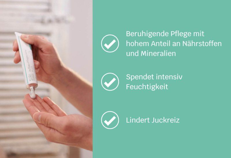 Hand hält Tube. Creme wird auf die Handfläche aufgetragen. Text: Beruhigende Pflege, spendet Feuchtigkeit, lindert Juckreiz.