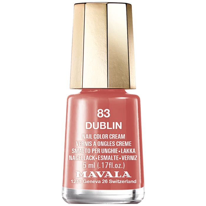 Nagellackflasche, rosa Farbton, goldfarbener Deckel. Beschriftung: 83 Dublin, Nail Color Cream, Mavala.
