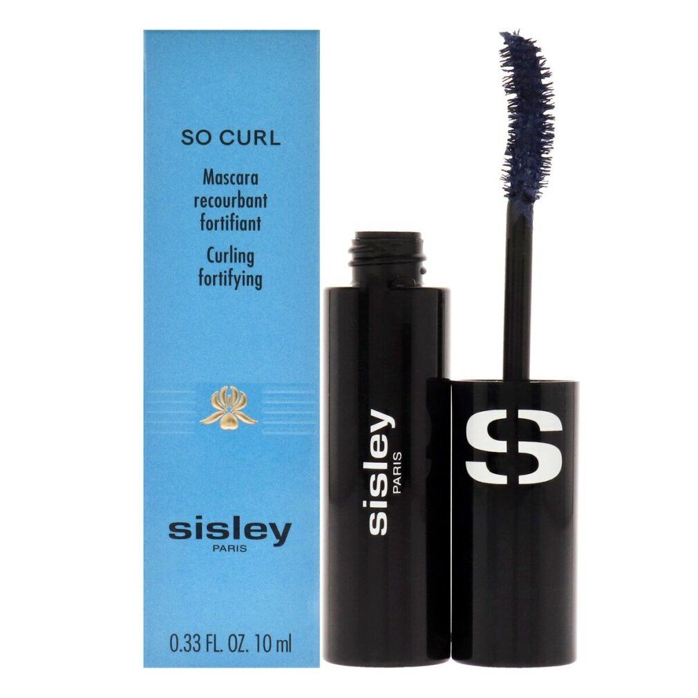 Blaue Mascara mit Verpackung. Verpackung mit Produktnamen und Markennamen.