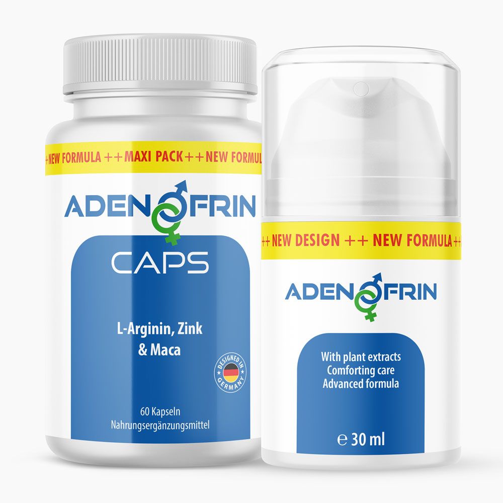 Zwei Produkte: Kapseln und Creme. Kapseln: Adenofrin CAPS, L-Arginin, Zink & Maca, 60 Kapseln. Creme: Adenofrin, mit Pflanzenextrakten, 30 ml. Männliches und weibliches Symbol.