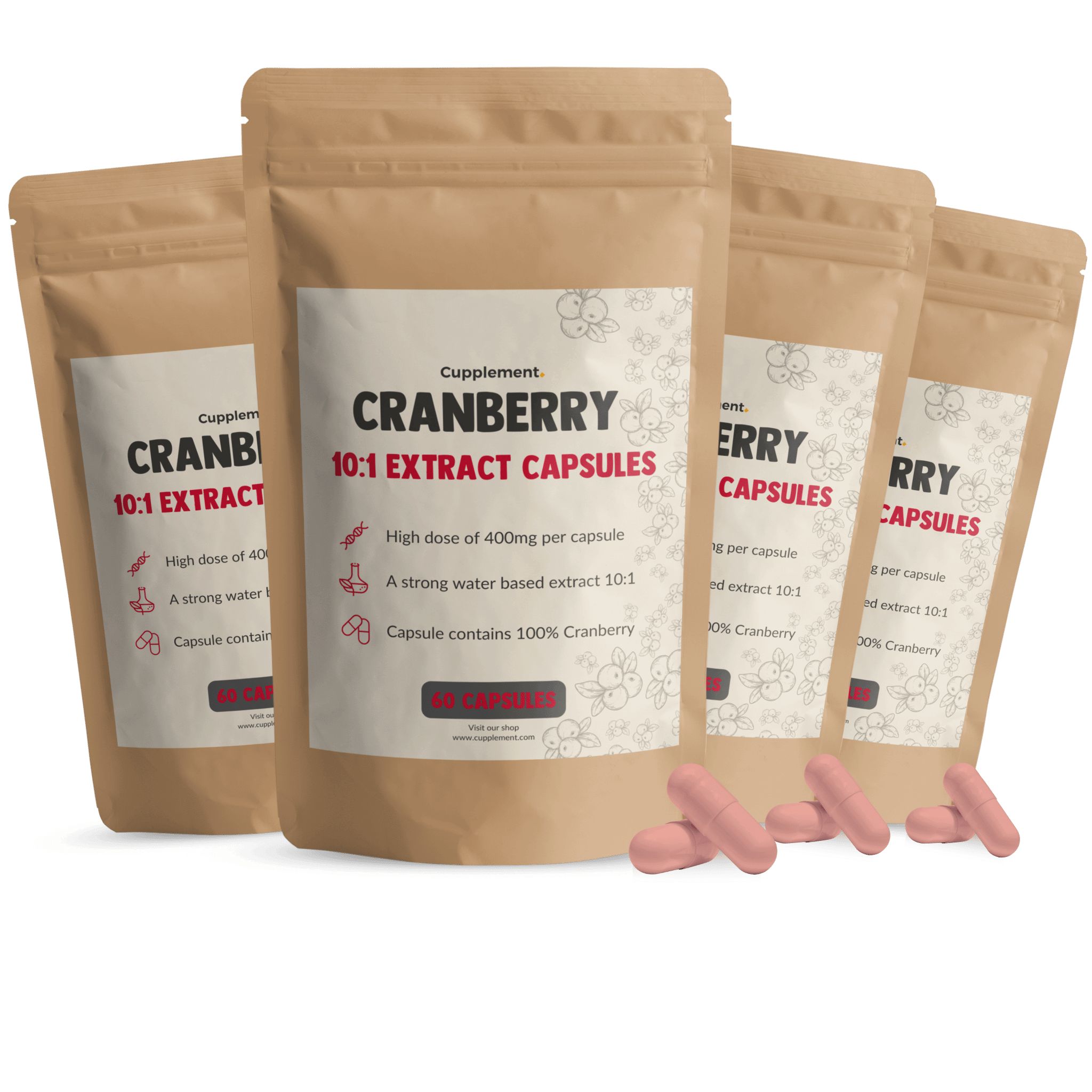 Mehrere Beutel mit Cranberry-Kapseln. Aufschrift: Cranberry 10:1 Extract Capsules. Rosa Kapseln liegen daneben.