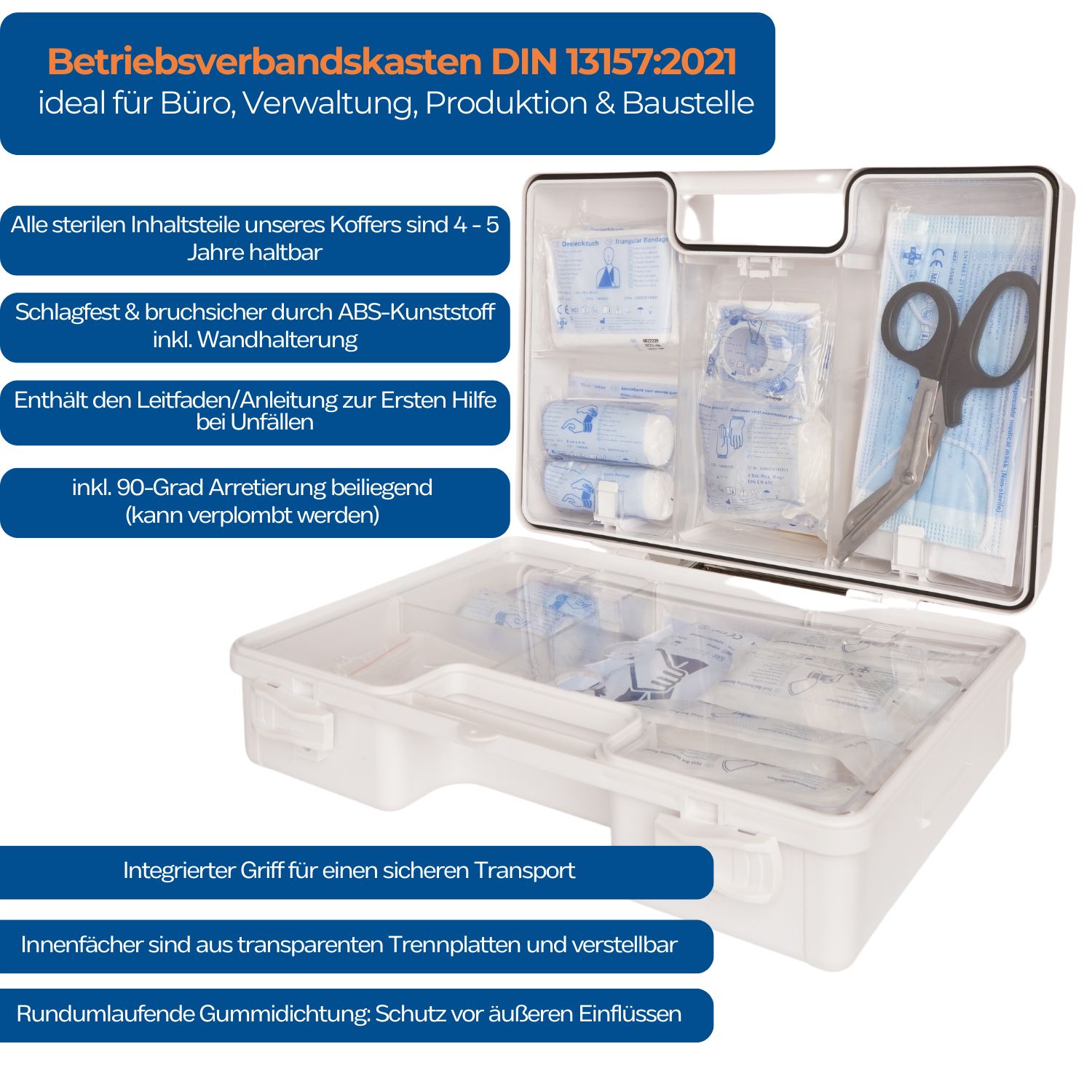 Transparenter Erste-Hilfe-Koffer mit Inhalt. Enthält Verbandsmaterial, Schere, etc. Schwarze Schrift auf blauem Hintergrund.