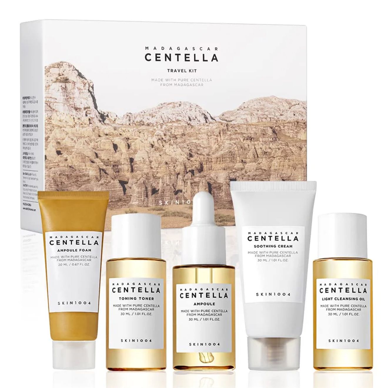 SKIN1004 Madagascar Centella Travel Kit: Fünf Kosmetikprodukte auf weißem Hintergrund.