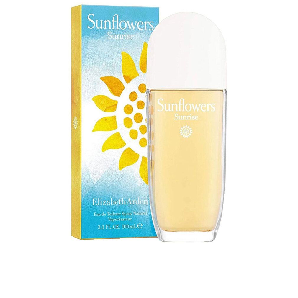 Flakon und Schachtel. Aufschrift: Sunflowers Sunrise. Gelbe Flüssigkeit im Flakon. Weiße Kappe. Sonnenblume auf der Schachtel.
