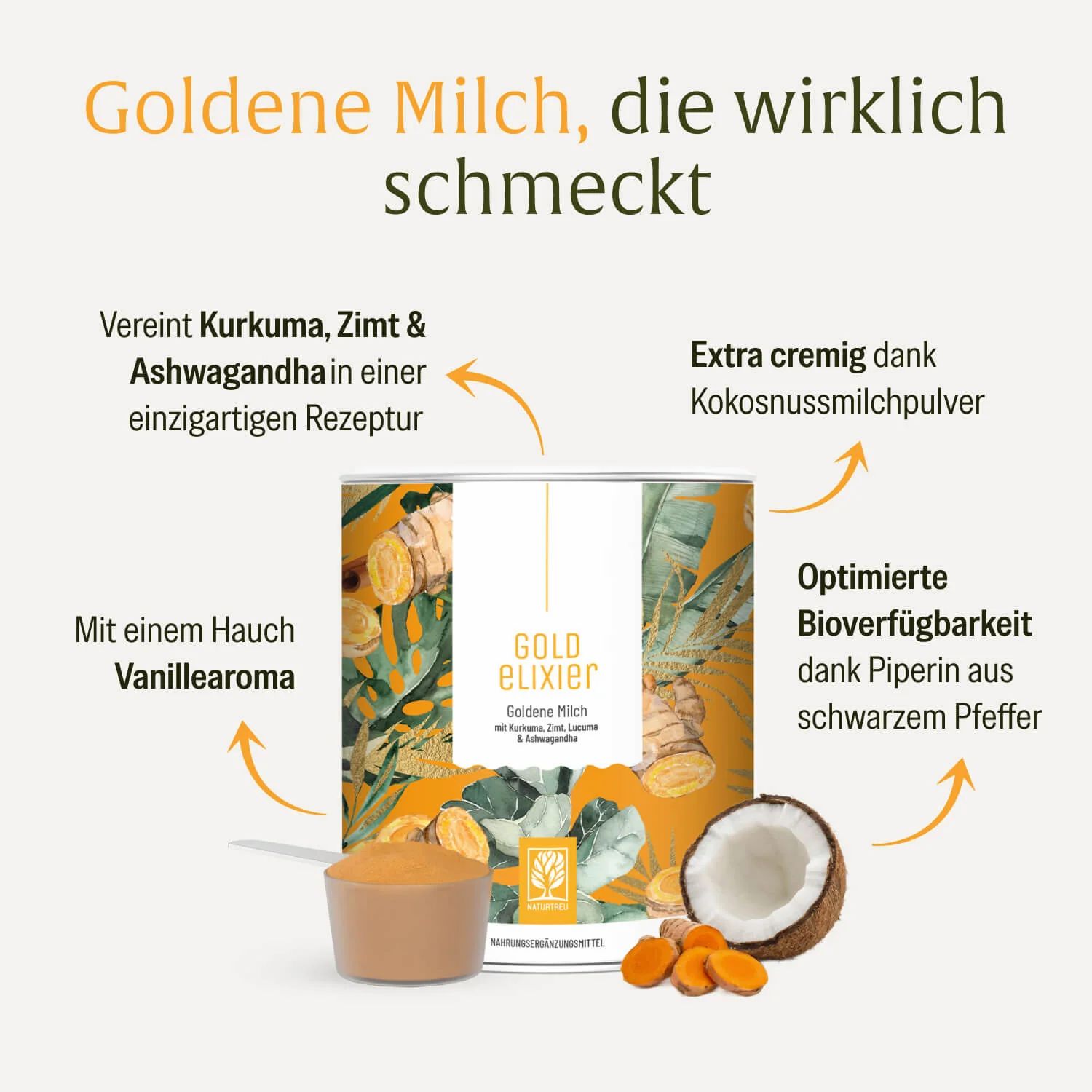 Dose Goldene Milch Pulver mit Kokosnussmilchpulver, Vanillearoma, Kurkuma, Zimt und Ashwagandha.