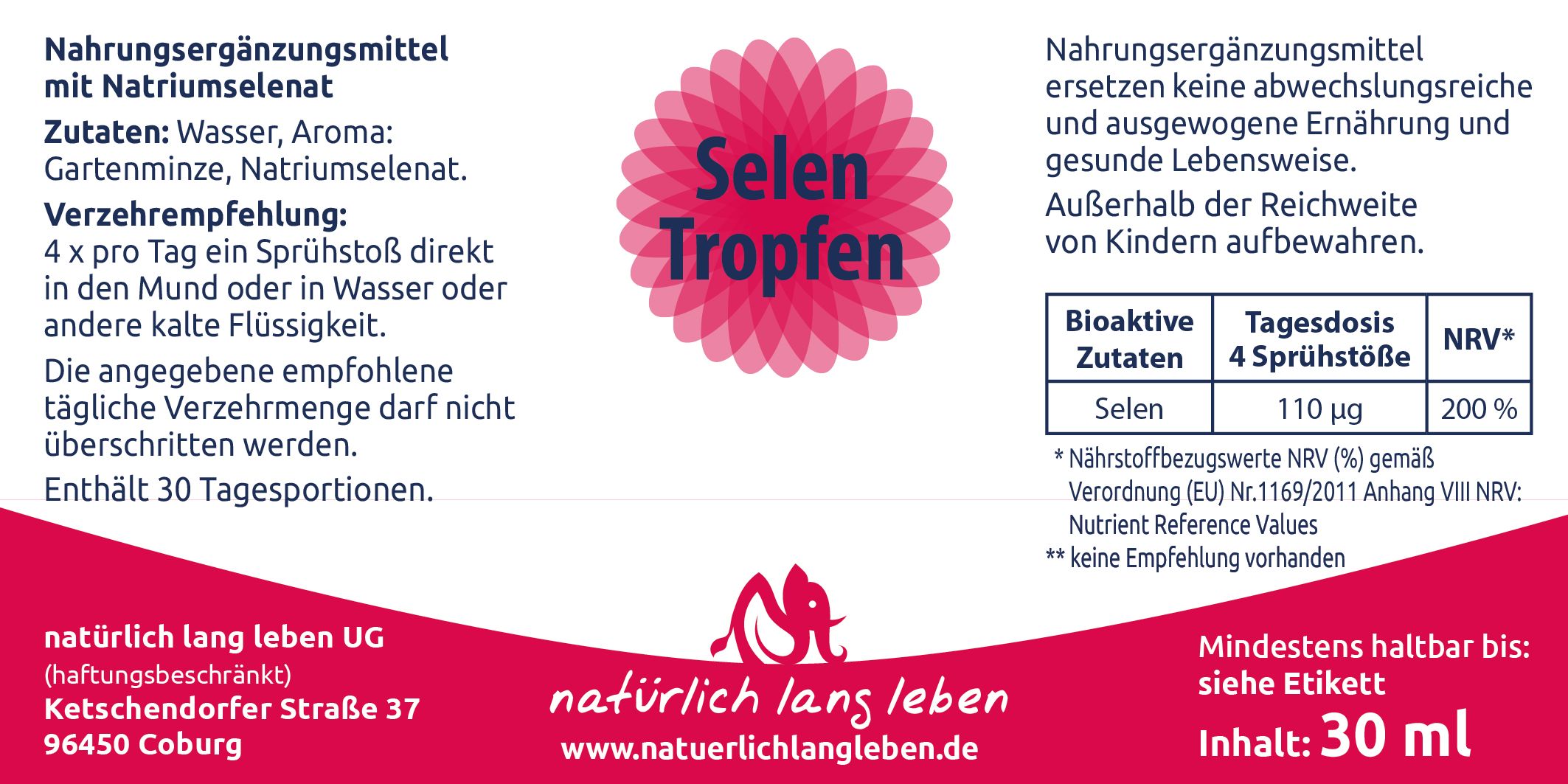 natürlich lang leben Selen Tropfen Spray 30 ml