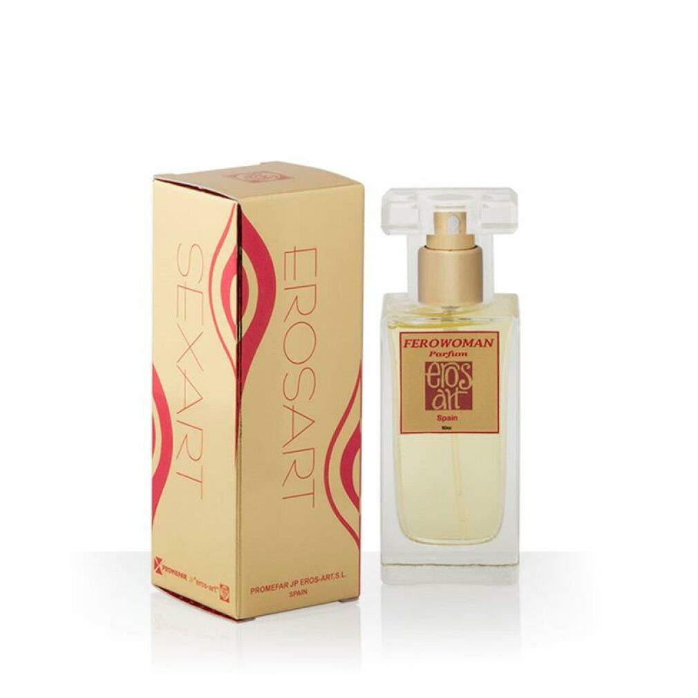 Parfümflakon und Verpackung. Auf der Verpackung steht "EROSART SEXART". Auf dem Flakon steht "FEROWOMAN Parfum eros art Spain".
