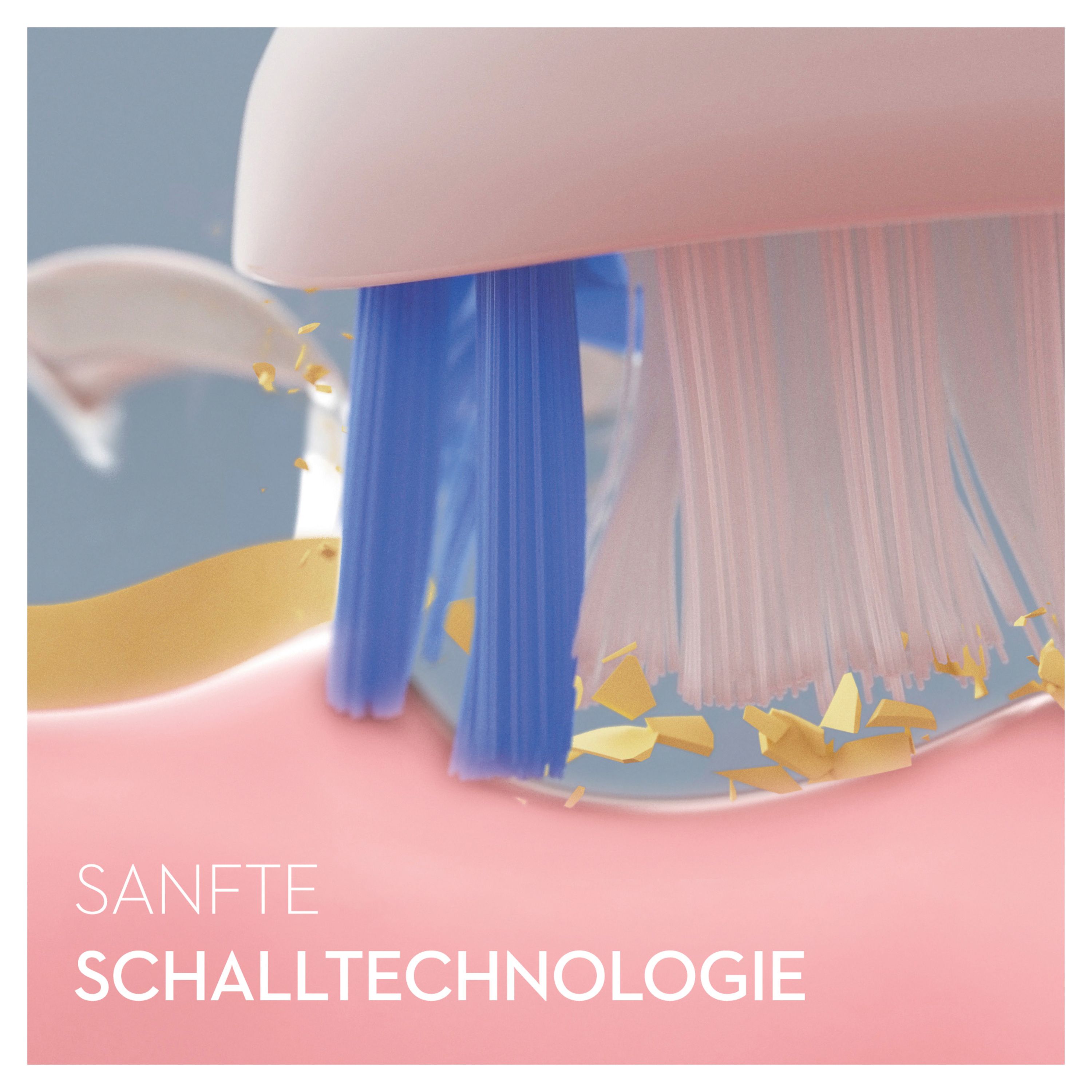 Zahnbürstenkopf mit blauen Borsten. Text: Sanfte Schalltechnologie. Nahaufnahme.