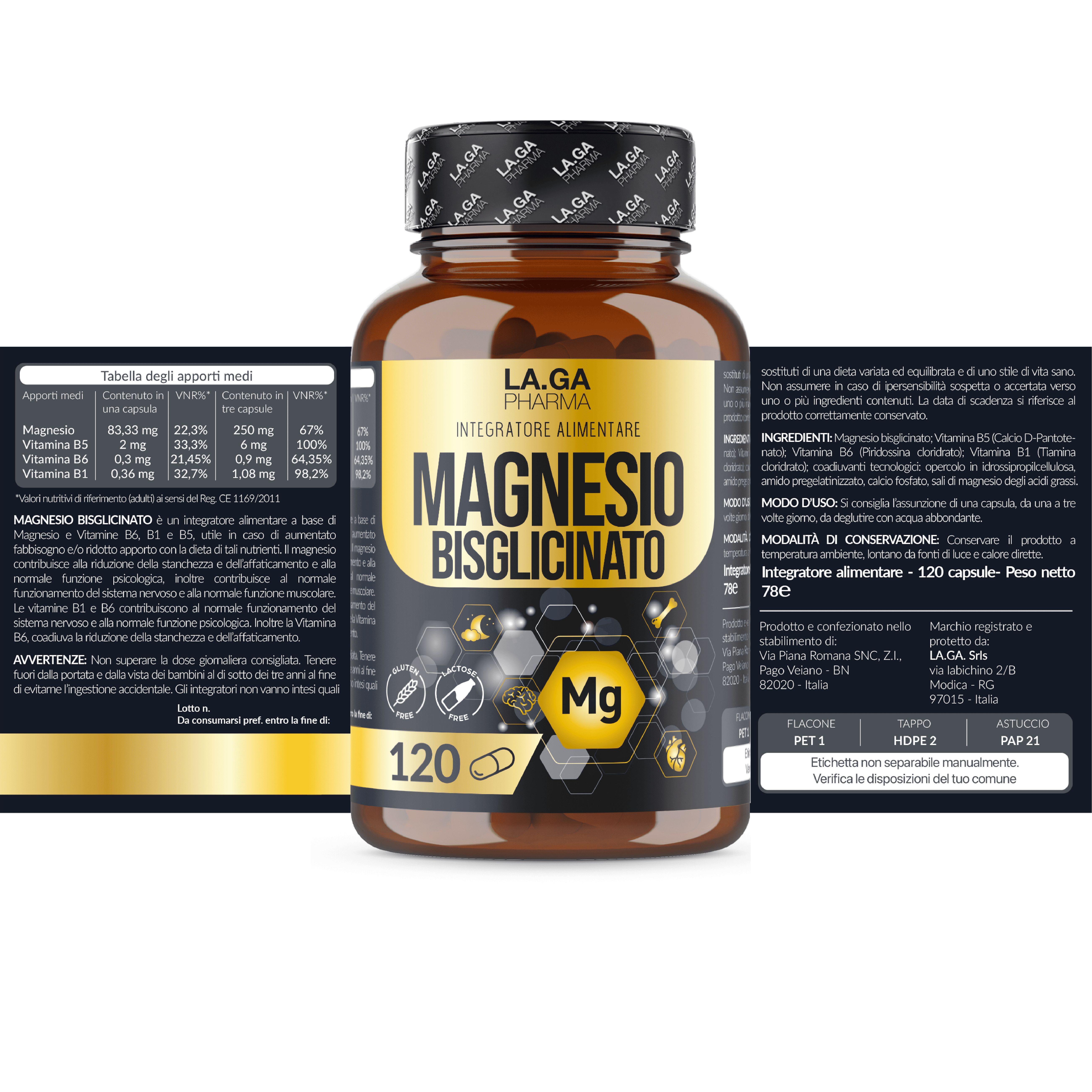 MAGNESIUMBISGLYCINAT (Bis zu 4 Monate Vorrat), Magnesium Komplex 120 Kapseln mit Vitamin B1, B5 & B6