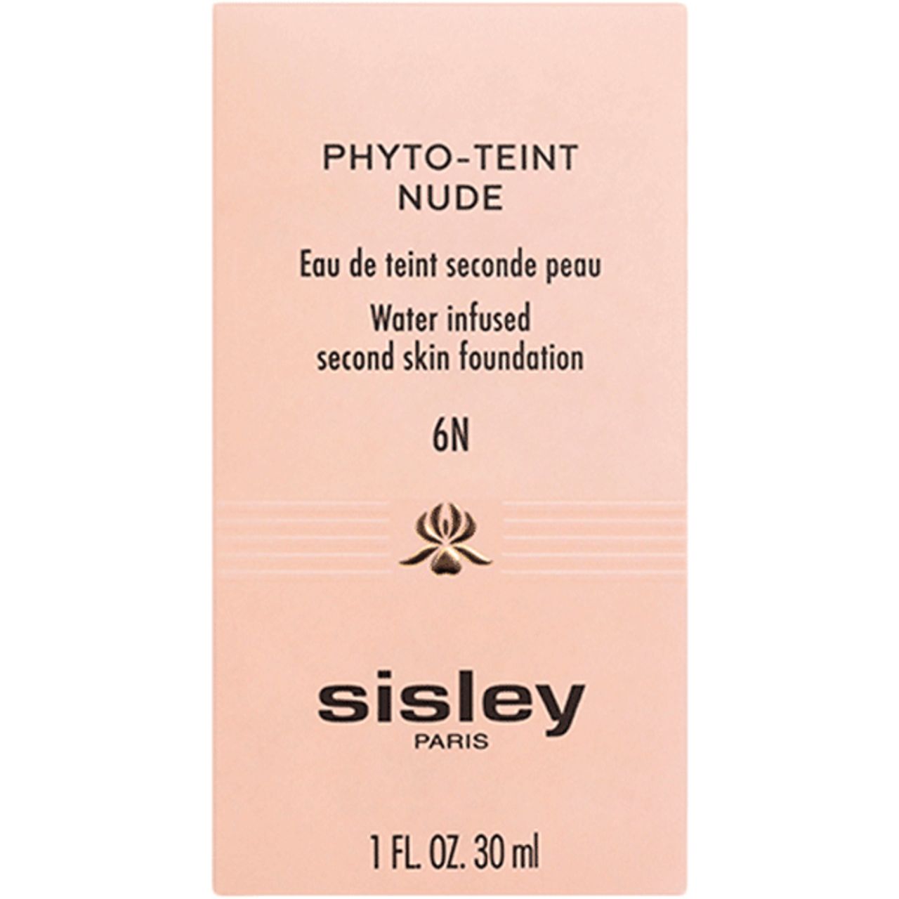 Verpackung von Sisley Phyto-Teint Nude. Aufschrift: Phyto-Teint Nude, Eau de teint seconde peau, 6N, Sisley Paris, 1 FL. OZ. 30 ml.