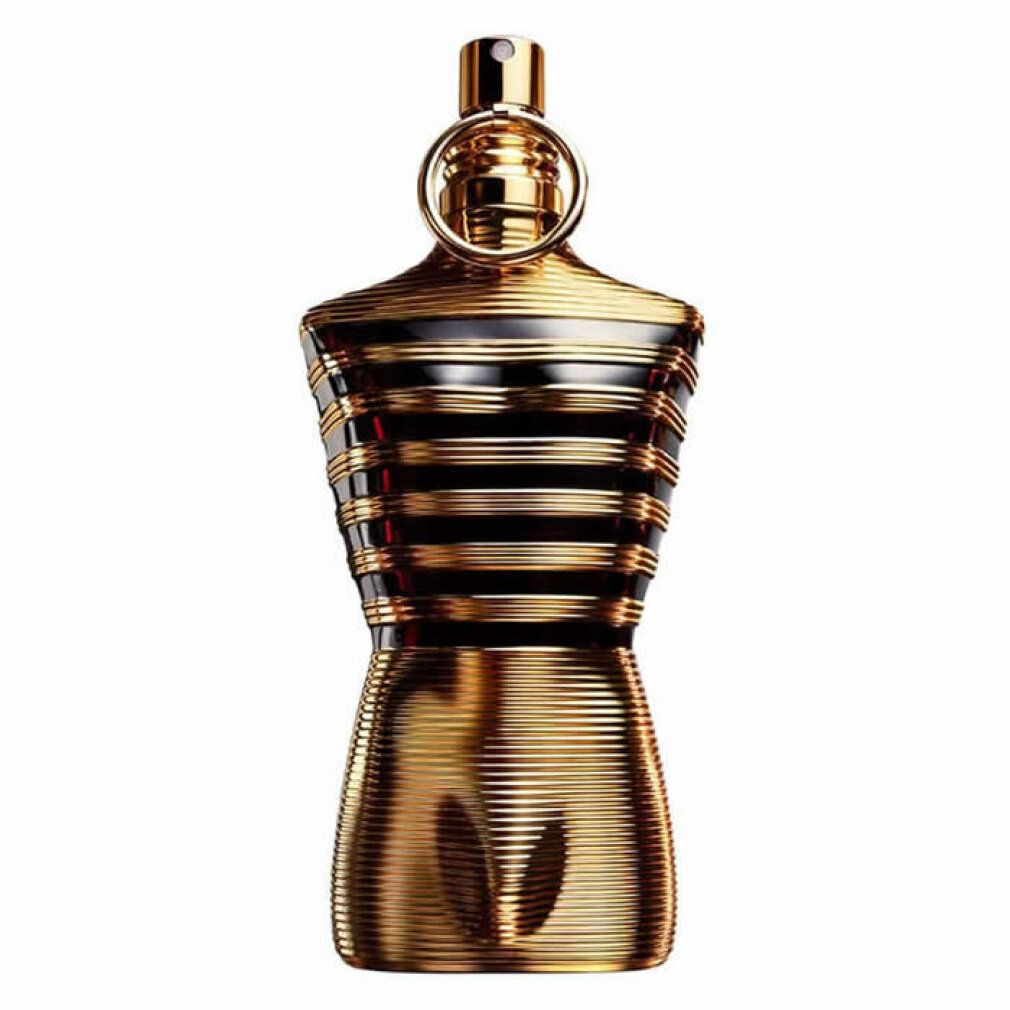 Goldfarbener Flakon in Torsoform mit schwarzen Streifen. Oben ein goldener Sprühkopf mit Ring.