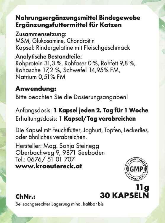 Rückseite der Verpackung. Text: Nahrungsergänzungsmittel für Katzen. Inhaltsstoffe, Dosierung, Herstellerinformationen, GMP-Siegel, 30 Kapseln.