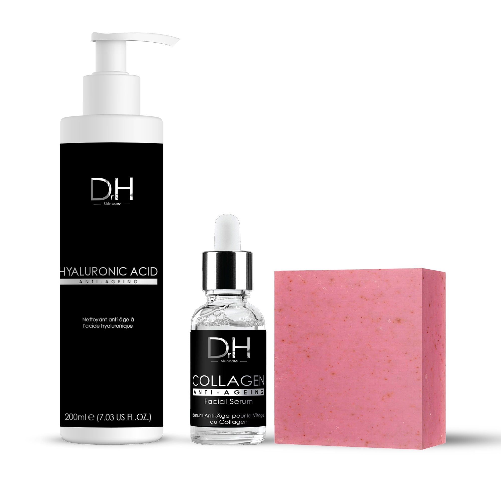 Set mit Flasche, Serum und Seife. Flasche mit Pumpe, Serum mit Pipette, rosa Seife. Aufschrift: Hyaluronsäure, Collagen.