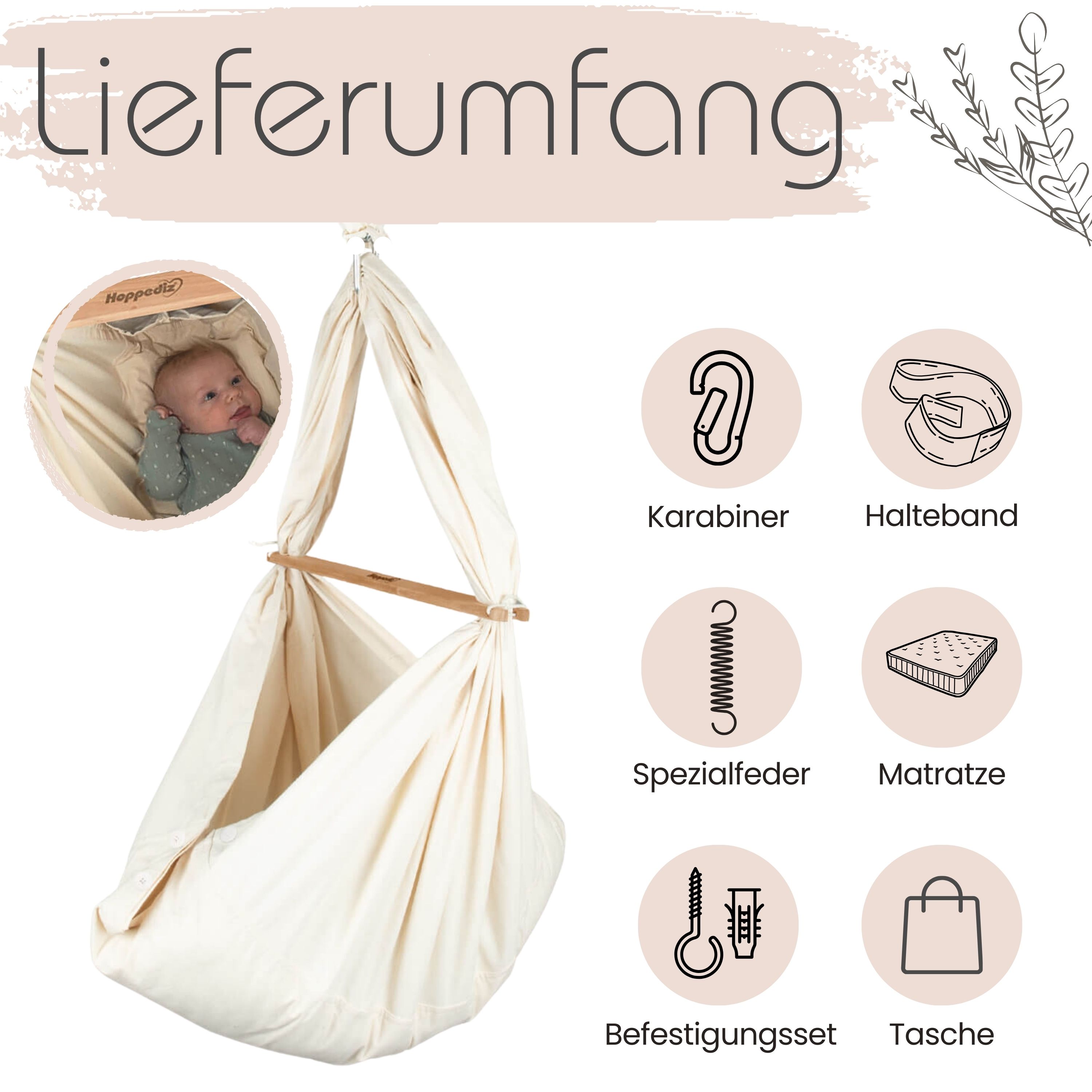 Federwiege mit Zubehör: Karabiner, Halteband, Feder, Matratze, Befestigungsset, Tasche. Baby im Tuch.