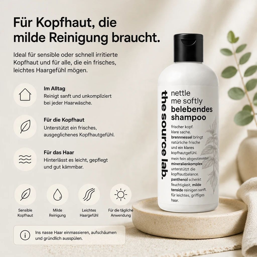 Flasche Nettle Me Softly Shampoo, ideal für sensible oder gereizte Kopfhaut, für frisches Haargefühl.