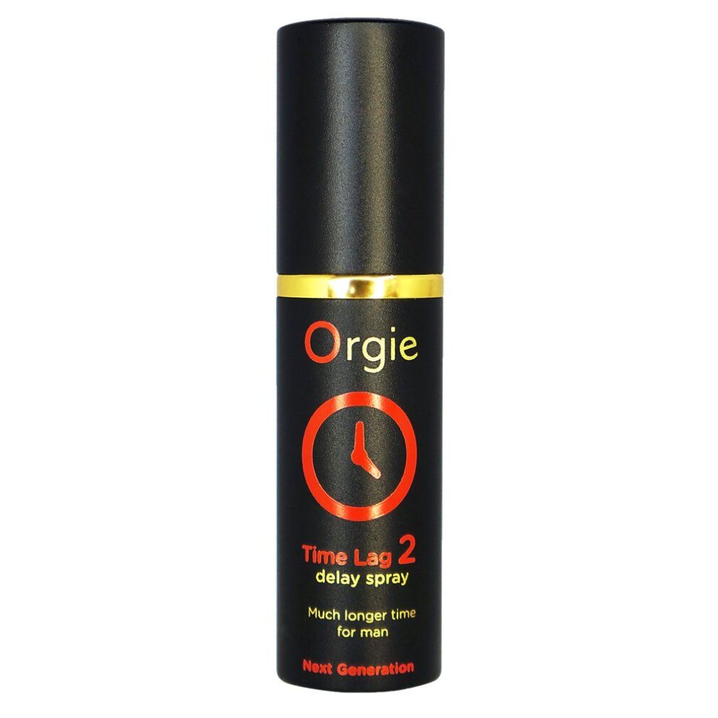 Schwarze Flasche mit goldfarbenem Ring. Aufschrift: Orgie, Time Lag 2 Delay Spray. Orangefarbenes Zifferblatt-Logo.