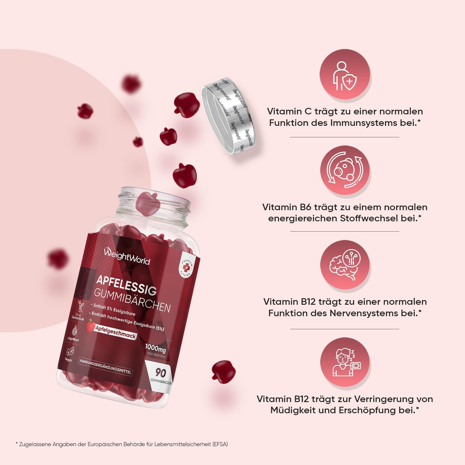 Produktflasche mit Apfelessig Gummibärchen, umgeben von kleinen Äpfeln. Text: 1000mg, 90 Gummibärchen. Zusätzliche Informationen zu Vitaminen.