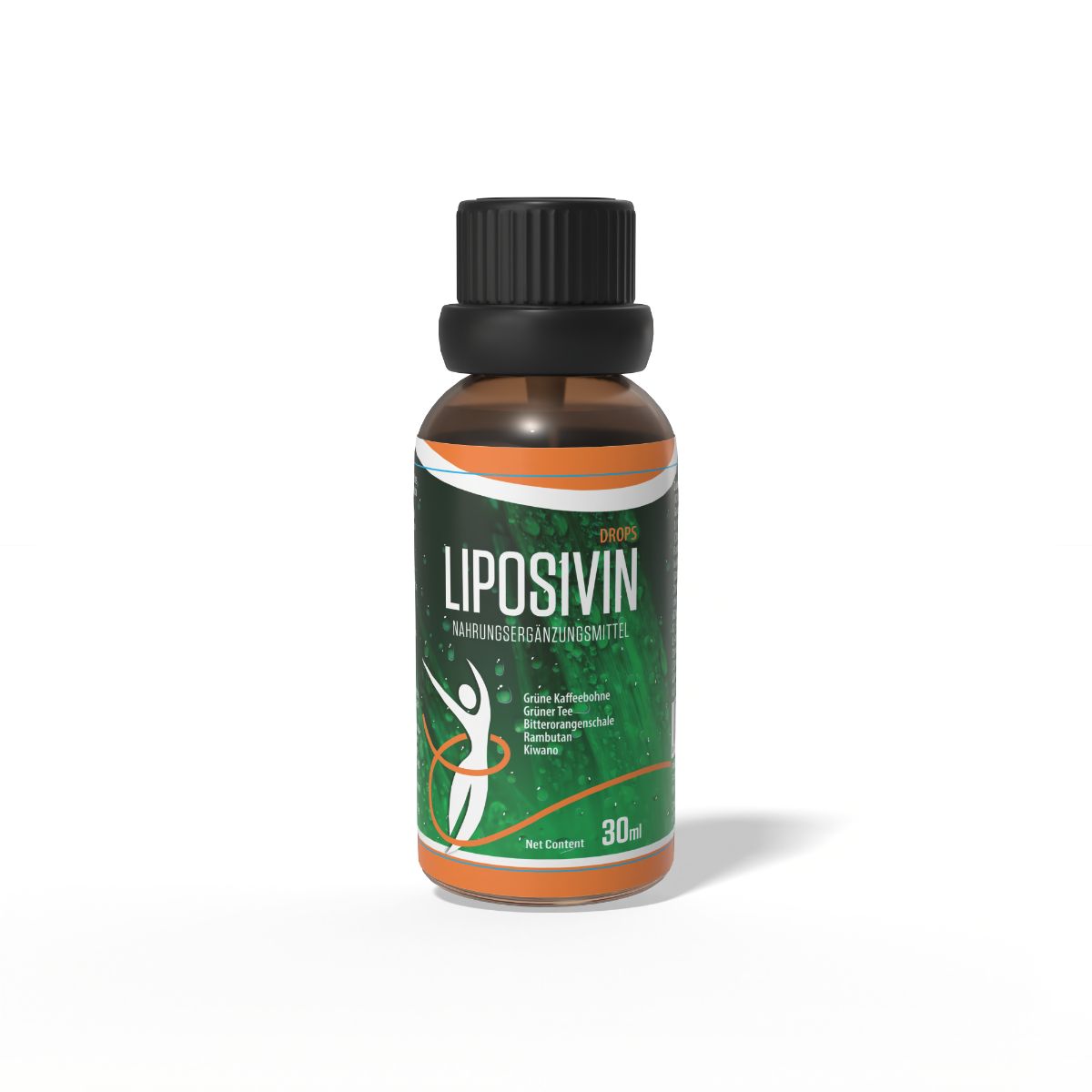 Braune Glasflasche mit schwarzem Deckel. Etikett mit "LIPOSIVIN" und Inhaltsstoffen. Grün-orangefarbenes Design. 30ml.