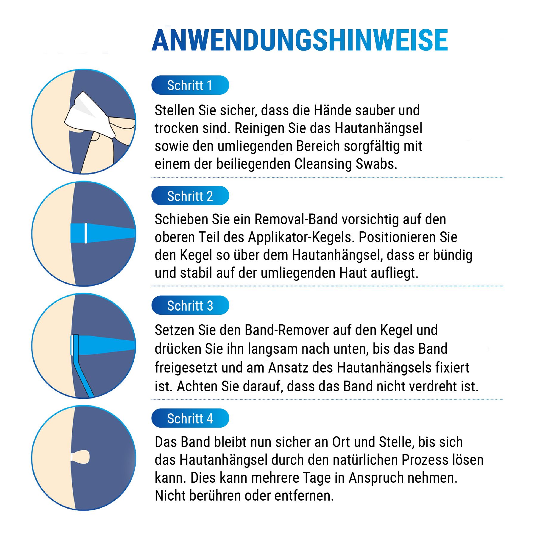 Illustrationen der Anwendungsschritte. Text: ANWENDUNGSHINWEISE. Schritte 1-4. Reinigung, Fixierung, Entfernung.