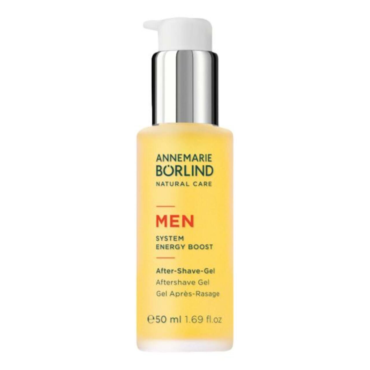 ANNEMARIE BÖRLIND MEN After-Shave-Gel. Gel gelblich, Flasche mit Pumpe. Aufschrift MEN, 50 ml.