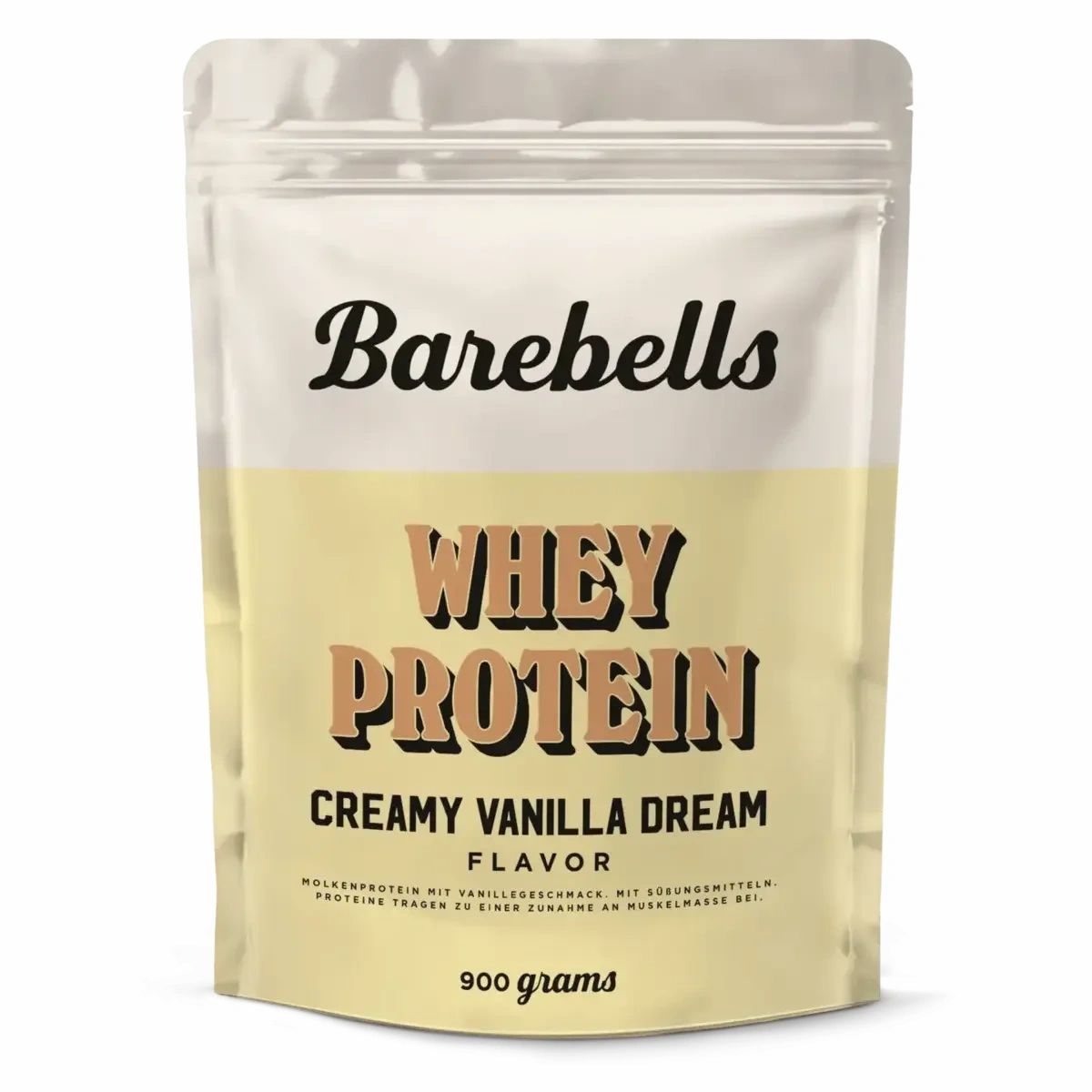 Beutel mit Barebells Whey Protein. Aufschrift: Whey Protein, Creamy Vanilla Dream, 900 Gramm. Beige und weiß.
