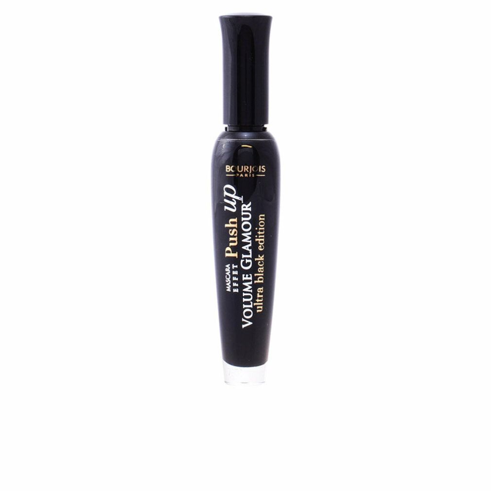 Schwarze Mascara-Tube. Aufschrift: Bourjois, Push up, Volume Glamour, Ultra Black Edition.