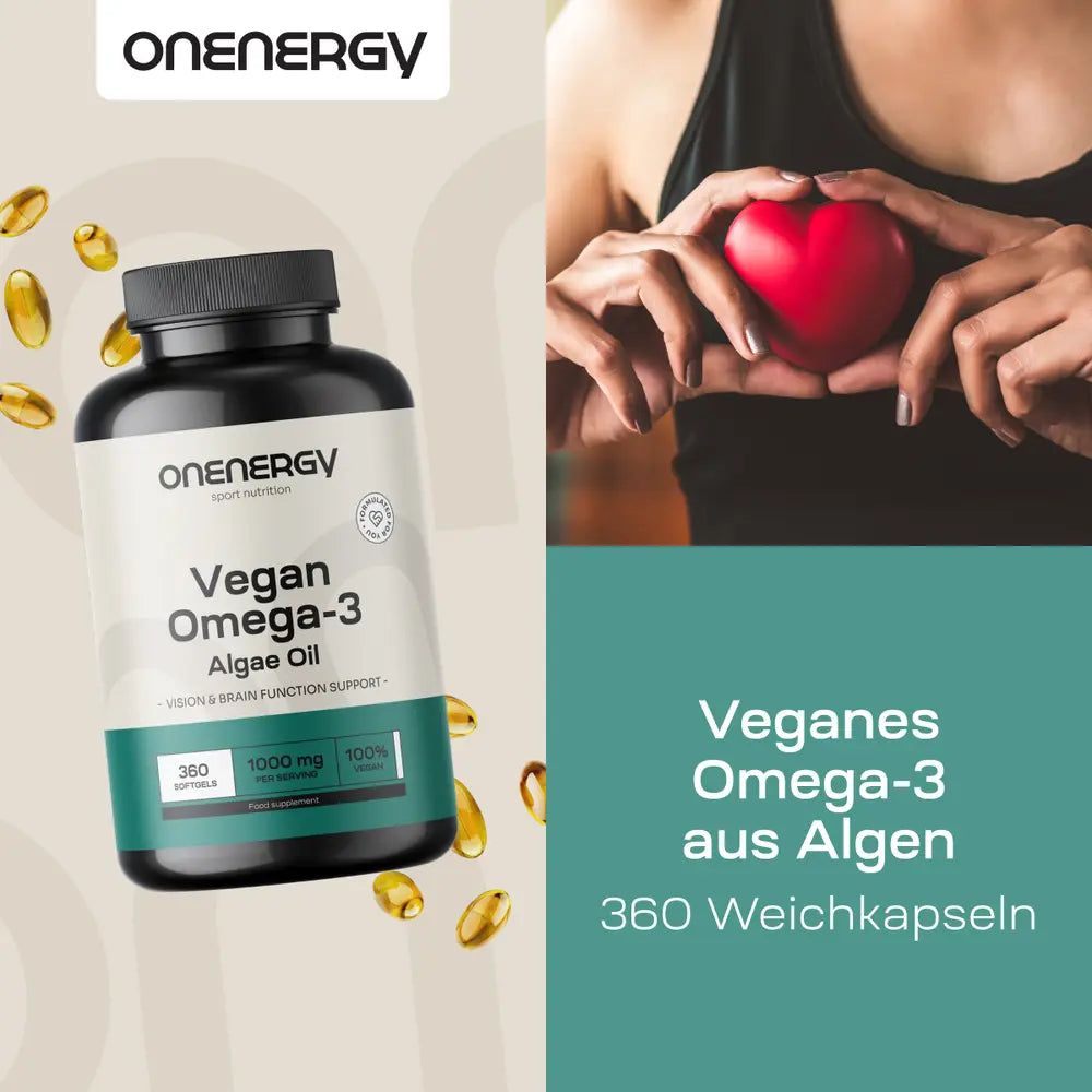 Flasche mit veganem Omega-3 aus Algenöl, 360 Weichkapseln, mit einem roten Herz.