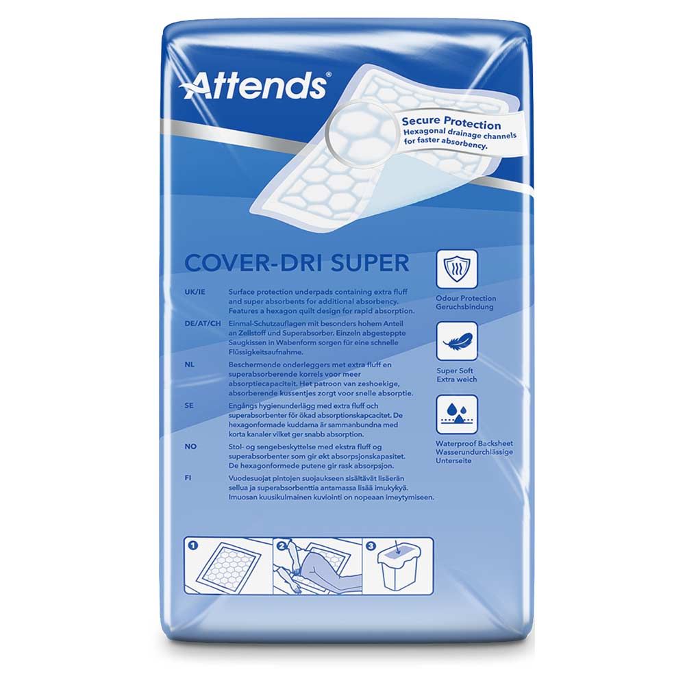 Attends Cover-Dri Super, Verpackung. Blaue Verpackung mit Produktinformationen und Illustrationen. Text in mehreren Sprachen.