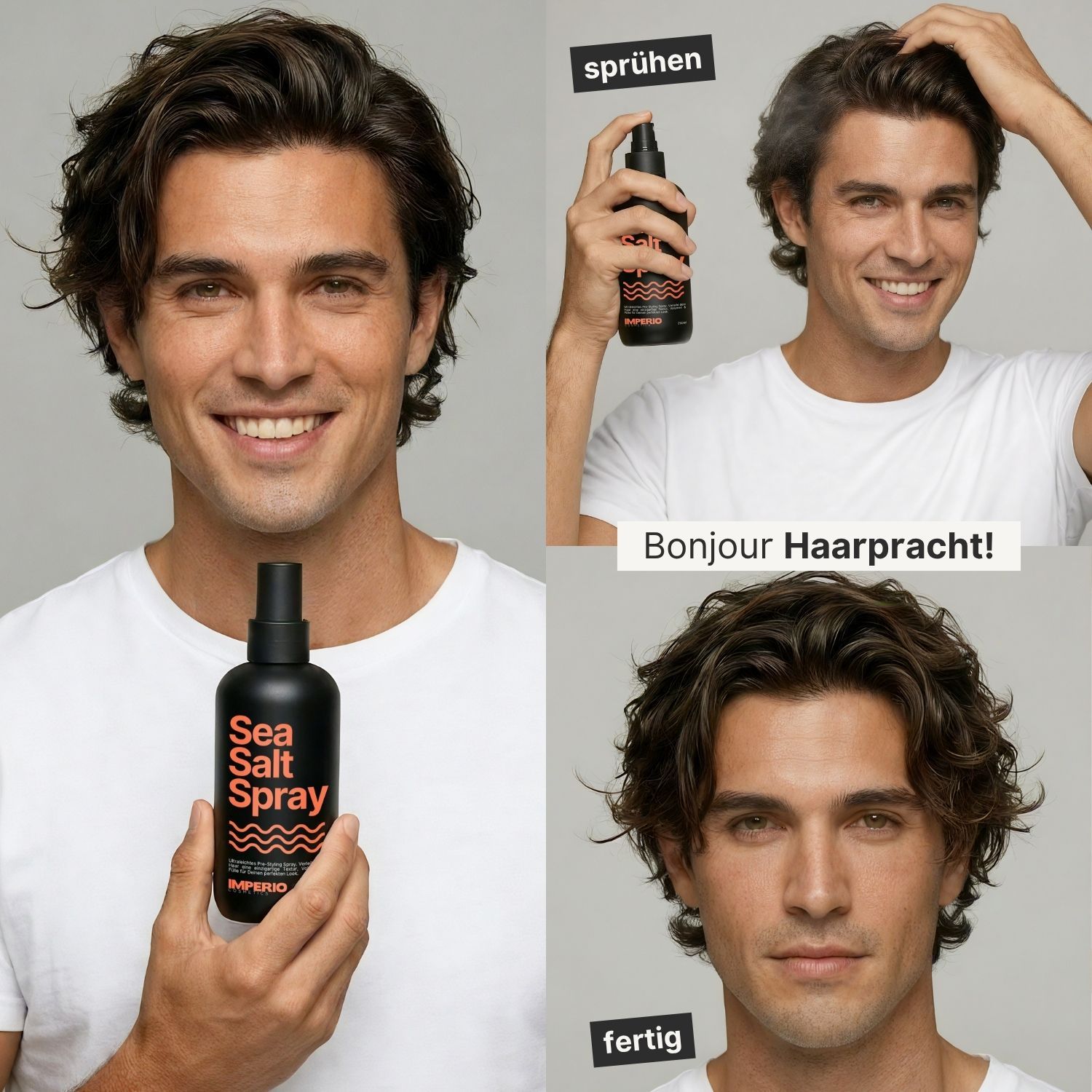 Mann mit IMPERIO Sea Salt Spray: Vorher, Anwendung, Nachher.