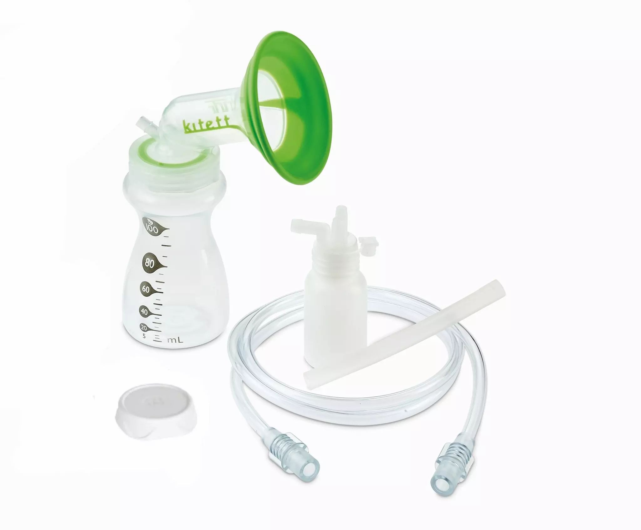 Brustpumpe mit Flasche, Trichter, Schlauch, Verschluss und Zubehör. Grün-transparente Elemente. Marke kitett.