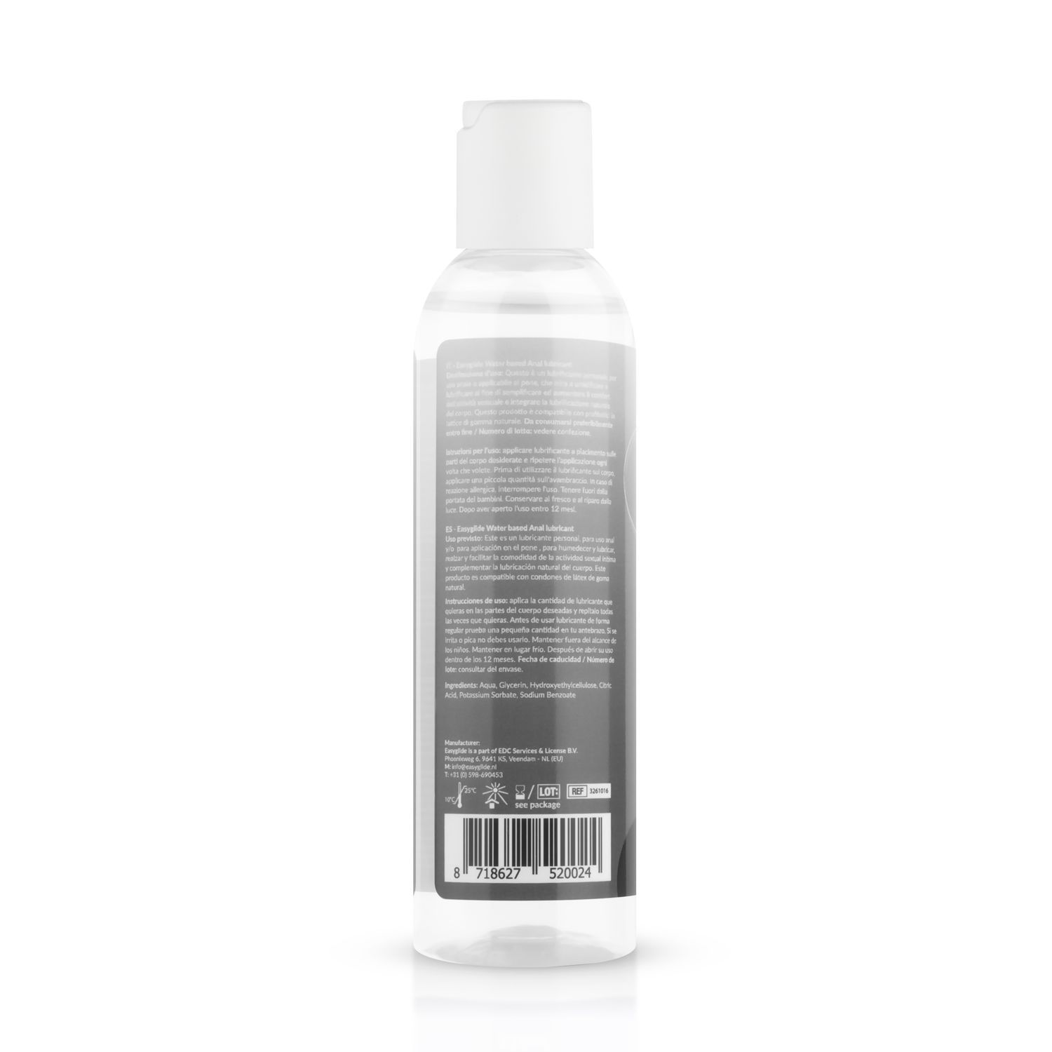 Transparente Flasche mit weißem Deckel. Rückseite mit Text und Barcode.