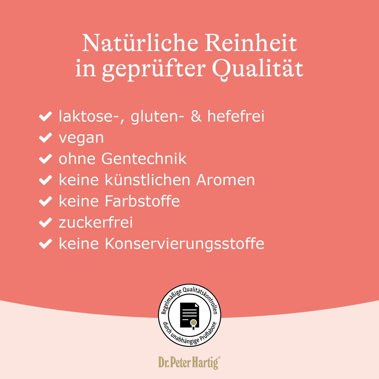 Infografik mit Text: Natürliche Reinheit in geprüfter Qualität. Aufzählung: laktose-, gluten- & hefefrei, vegan, ohne Gentechnik.