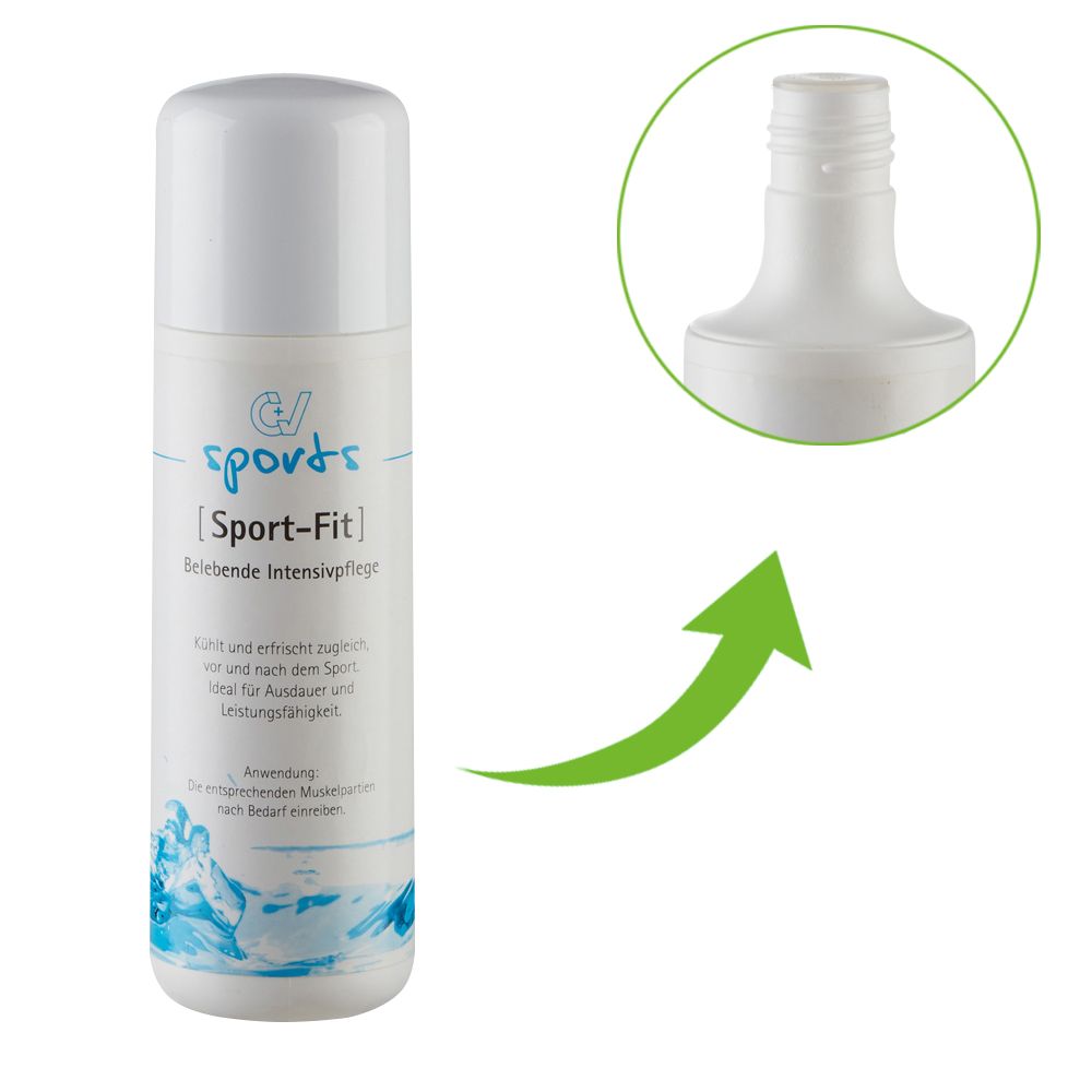 Weiße Flasche Sport-Fit Intensivpflege mit Detailansicht des Flaschenhalses.