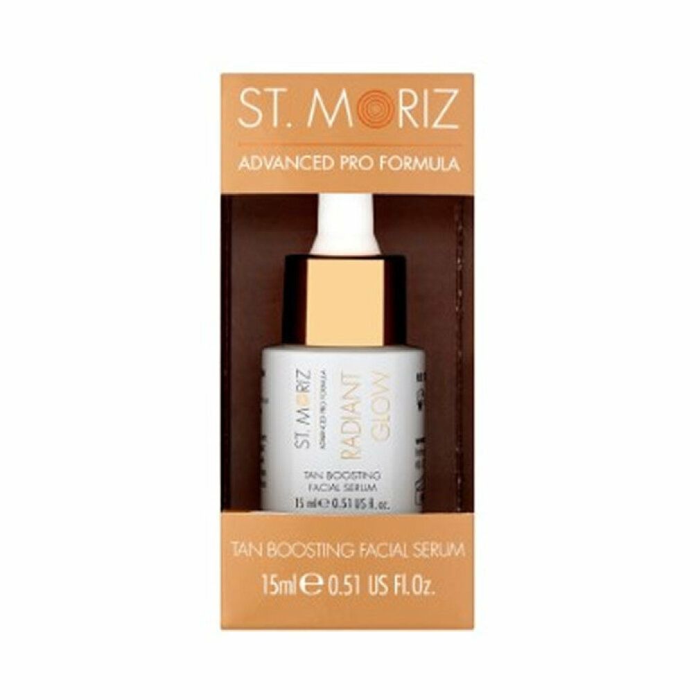 Serumflasche in Verpackung. Aufschrift: St. Moriz, Advanced Pro Formula, Radiant Glow, Tan Boosting Facial Serum.