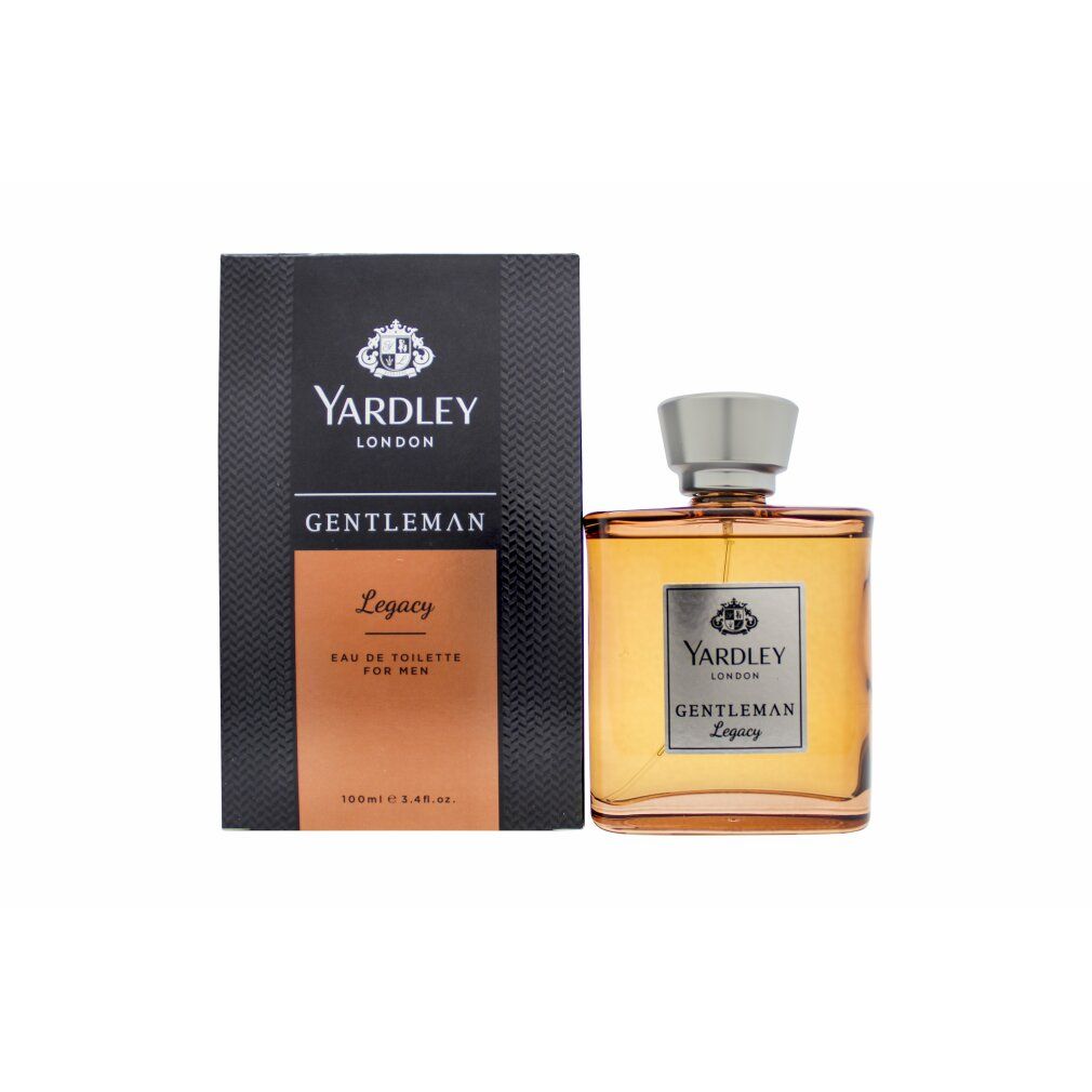 Flakon und Schachtel. Flakon quadratisch, bernsteinfarben. Schachtel schwarz mit Logo und Produktbezeichnung. "Legacy" und "Eau de Toilette".