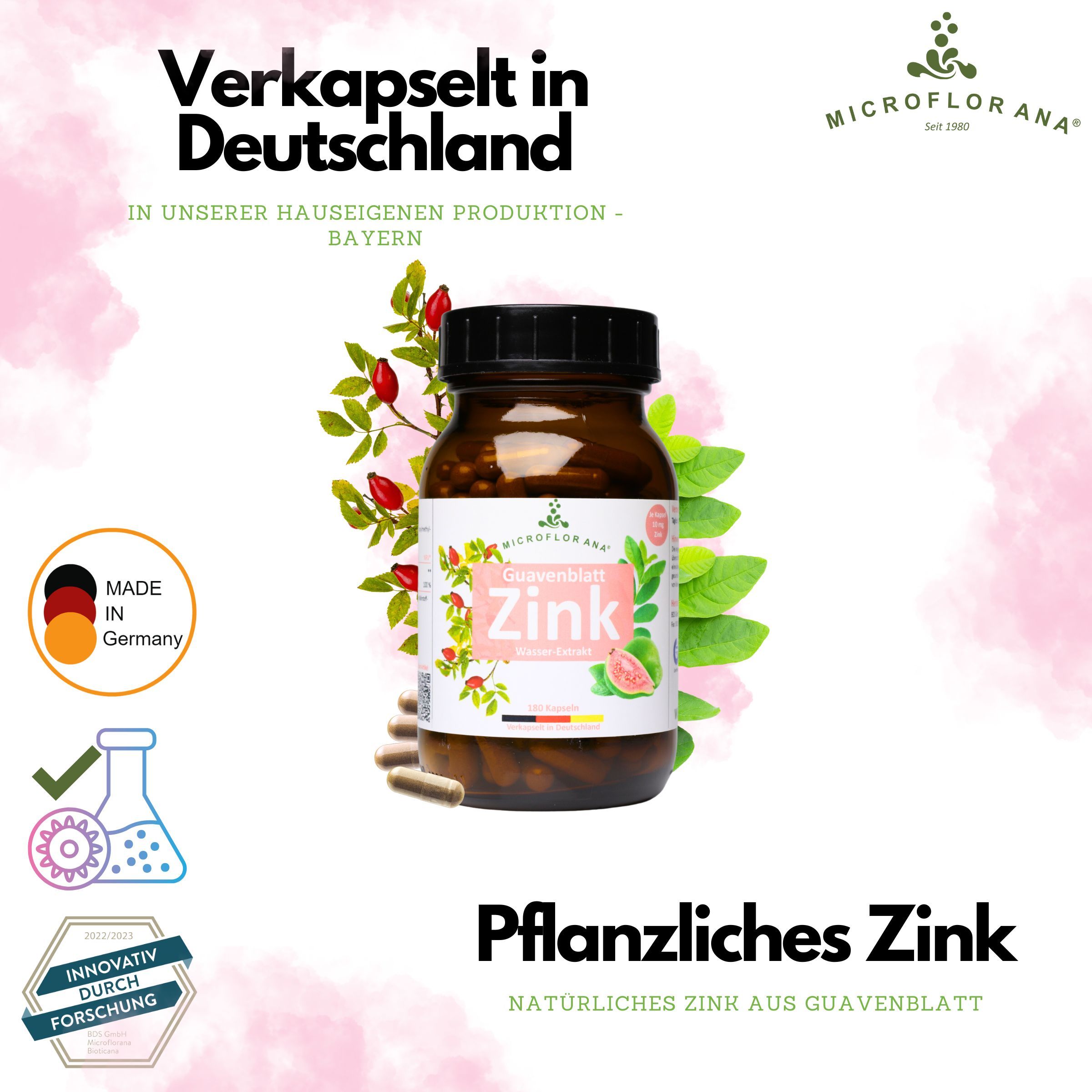 Braune Flasche mit Kapseln. Etikett mit "Zink" und Guavenblatt. Text: "Verkapselt in Deutschland". Made in Germany-Logo.