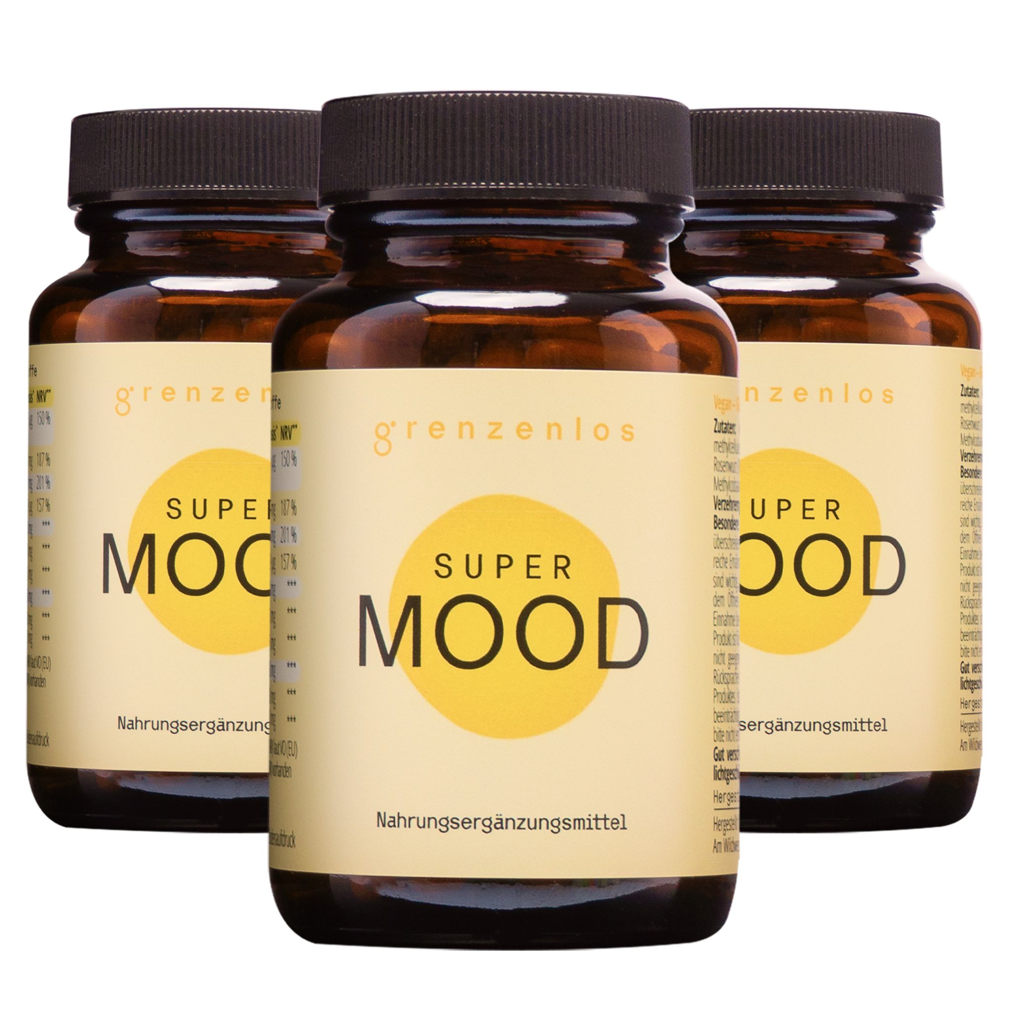 Flasche 'SUPER MOOD' umgeben von Symbolen für Ashwagandha, Rosenwurz, Maca, L-Tryptophan, Vitamine.
