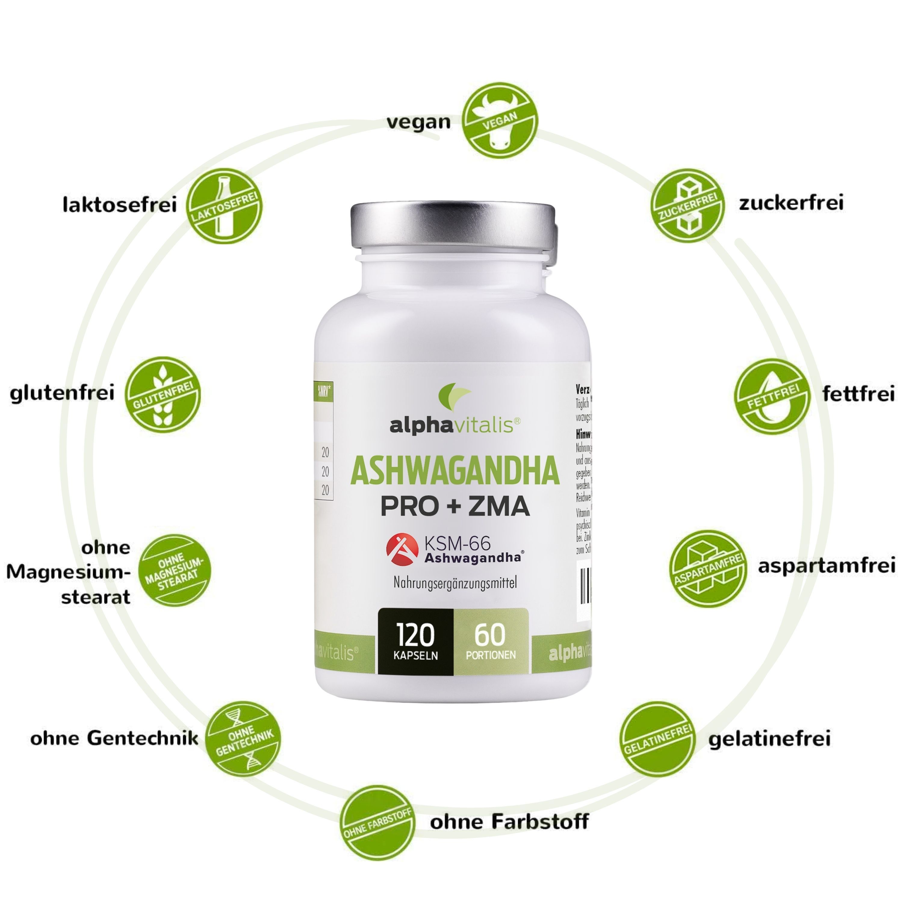 Weiße Flasche mit Kapseln, umgeben von grünen Logos. Aufschrift: Ashwagandha Pro + ZMA. Logos: vegan, zuckerfrei, fettfrei, ohne Aspartam.