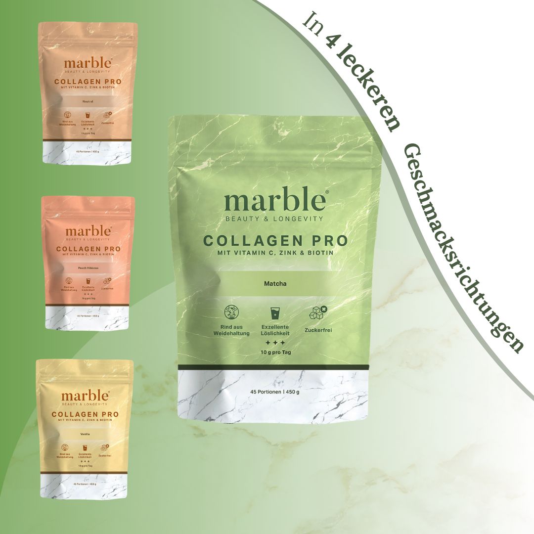 marble© Collagen Pro in 4 Geschmacksrichtungen. Grün: Matcha. Weitere: Erdbeer, Vanille, Pfirsich. Text: In 4 leckeren Geschmacksrichtungen.