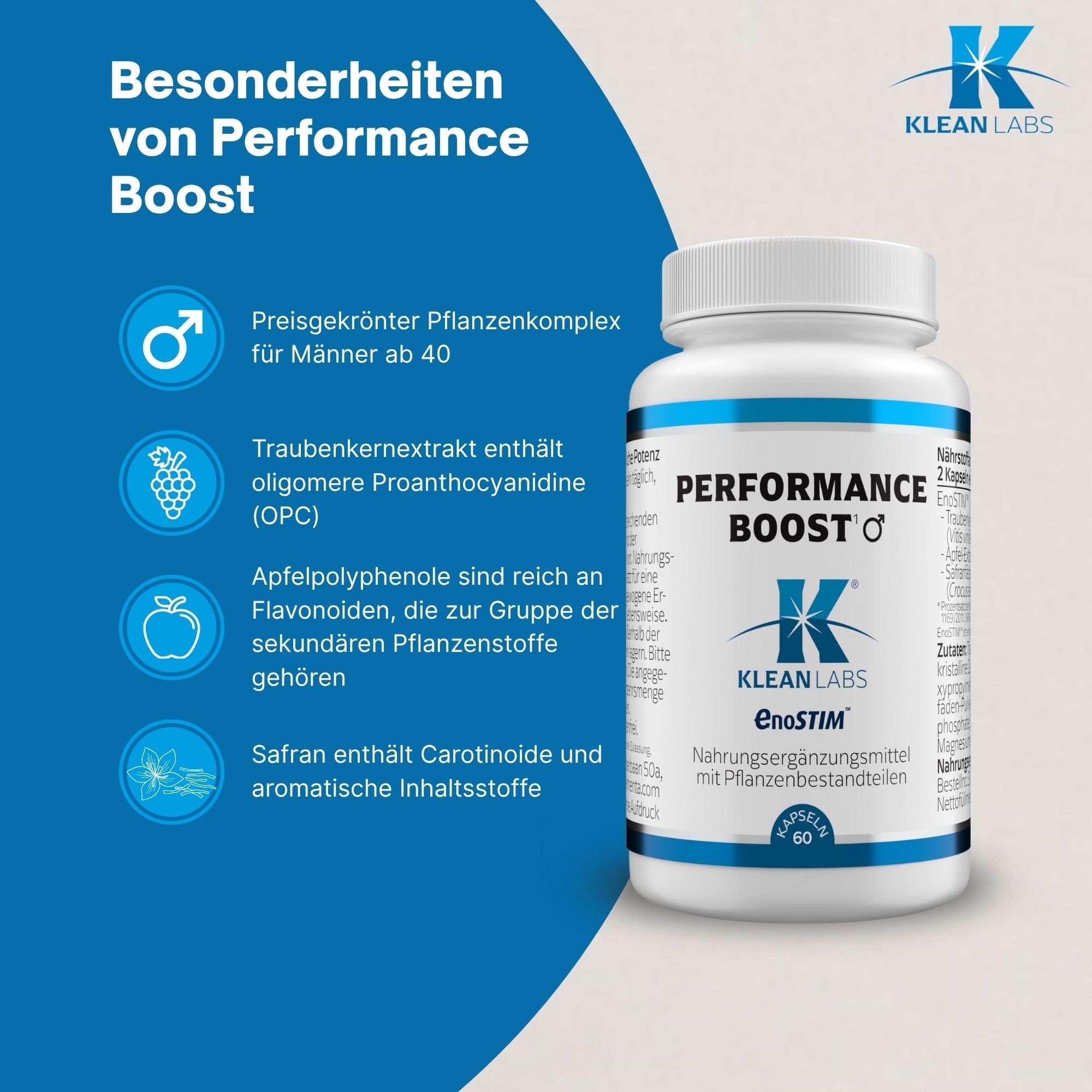 Weiße Pillendose mit blauem Etikett. Beschriftung: Performance Boost, Klean Labs, EnoSTIM. Enthält 60 Kapseln.