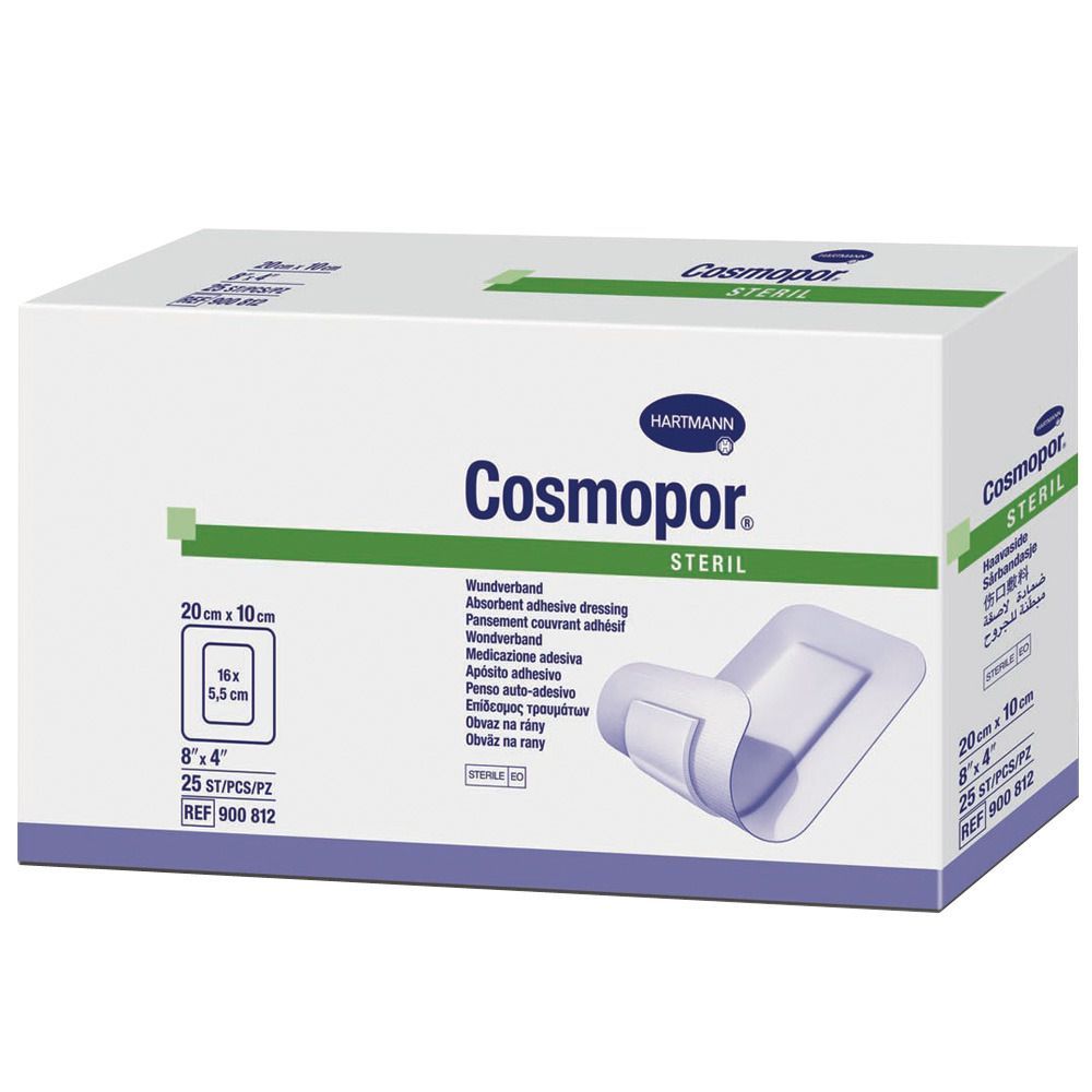 Verpackung von Hartmann Cosmopor Steril Wundverband. Box mit Produktabbildung und Größenangabe: 20 x 10 cm, 25 Stück.