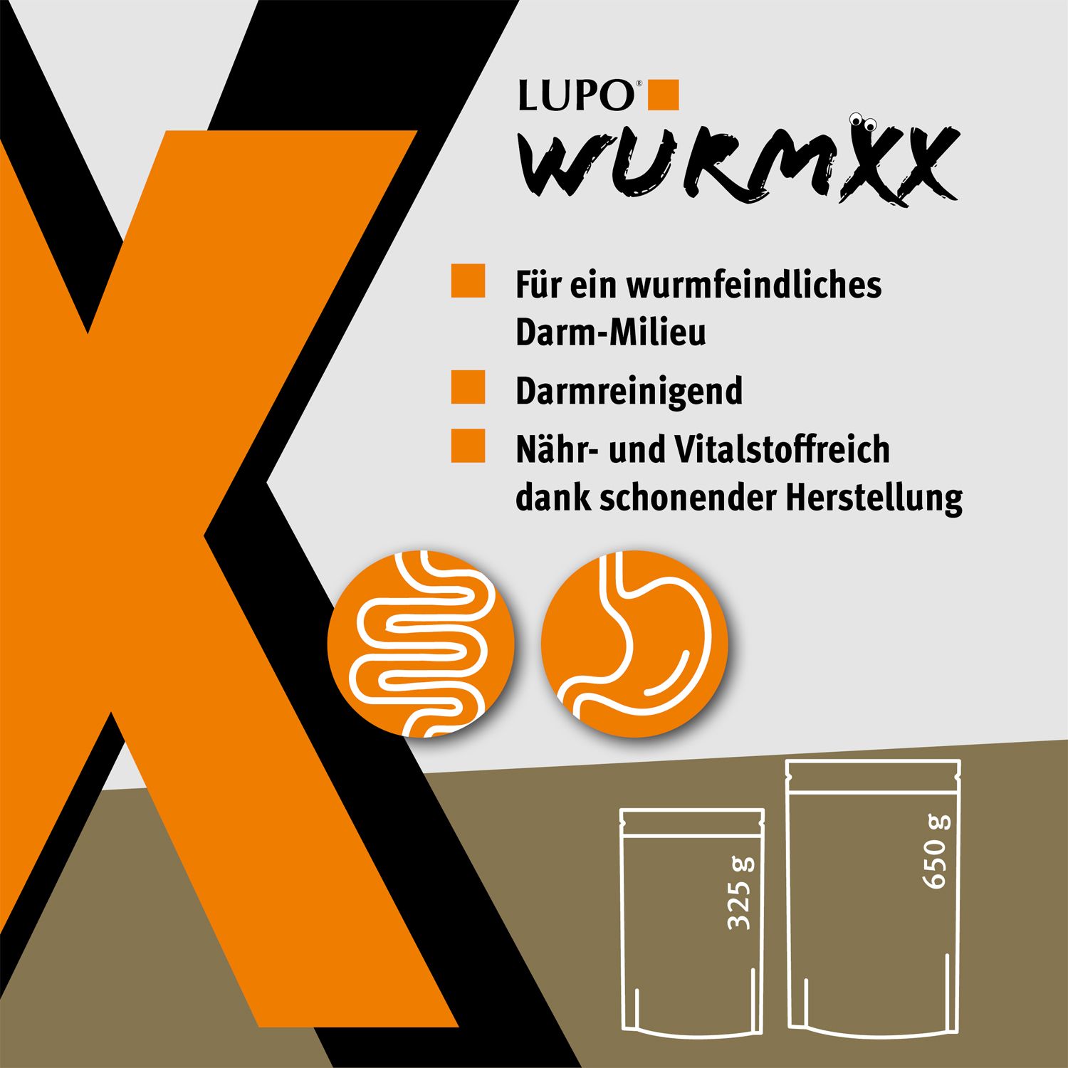 Grafik mit X-Form. Text: Für ein wurmfeindliches Darm-Milieu, darmreinigend, nähr- und vitalstoffreich. Größenangaben 325g und 650g.