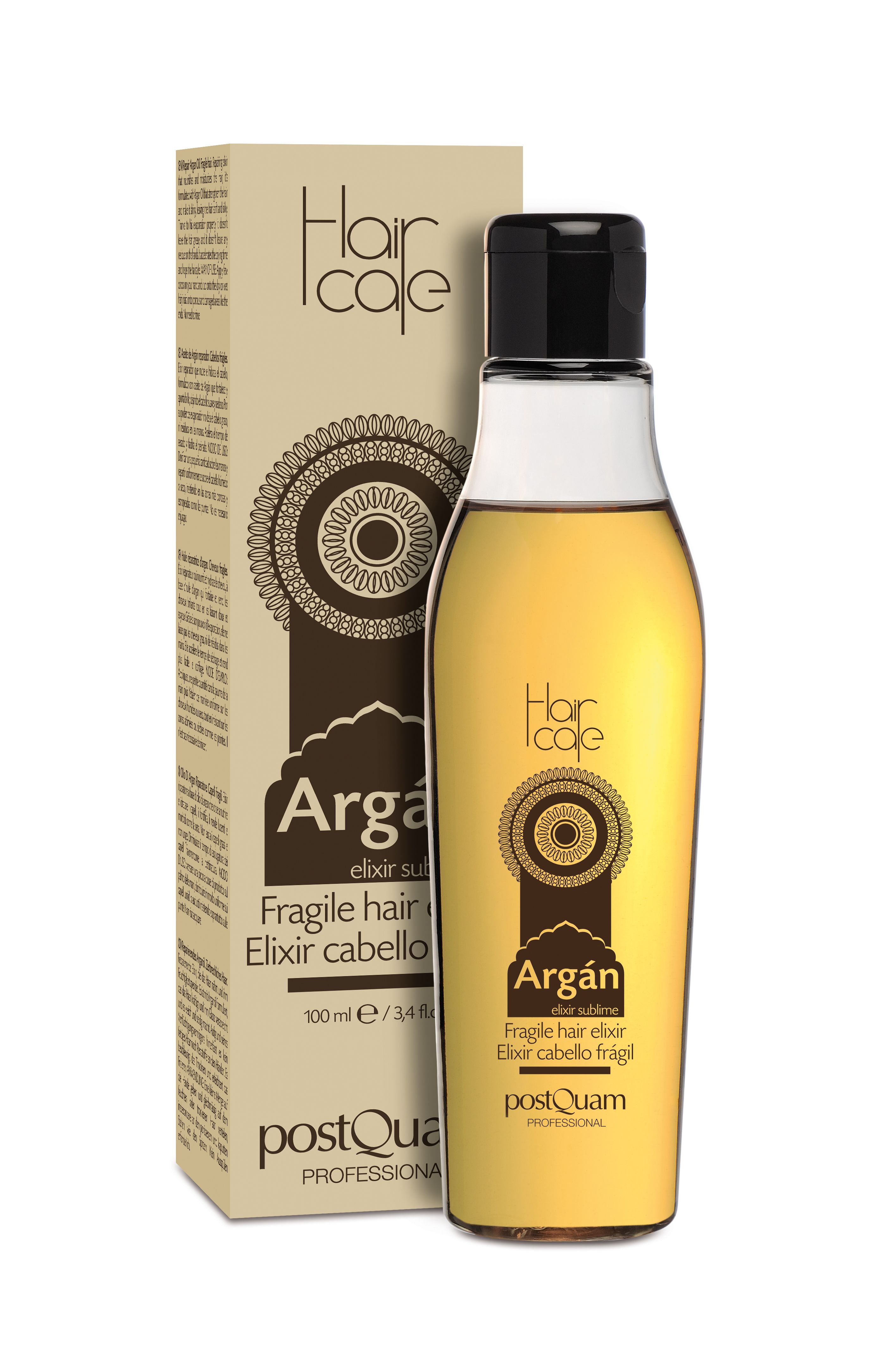 Flasche und Verpackung. Flasche mit gelbem Öl, schwarzem Deckel. Verpackung: Argán, Fragile hair elixir, PostQuam, 100 ml.