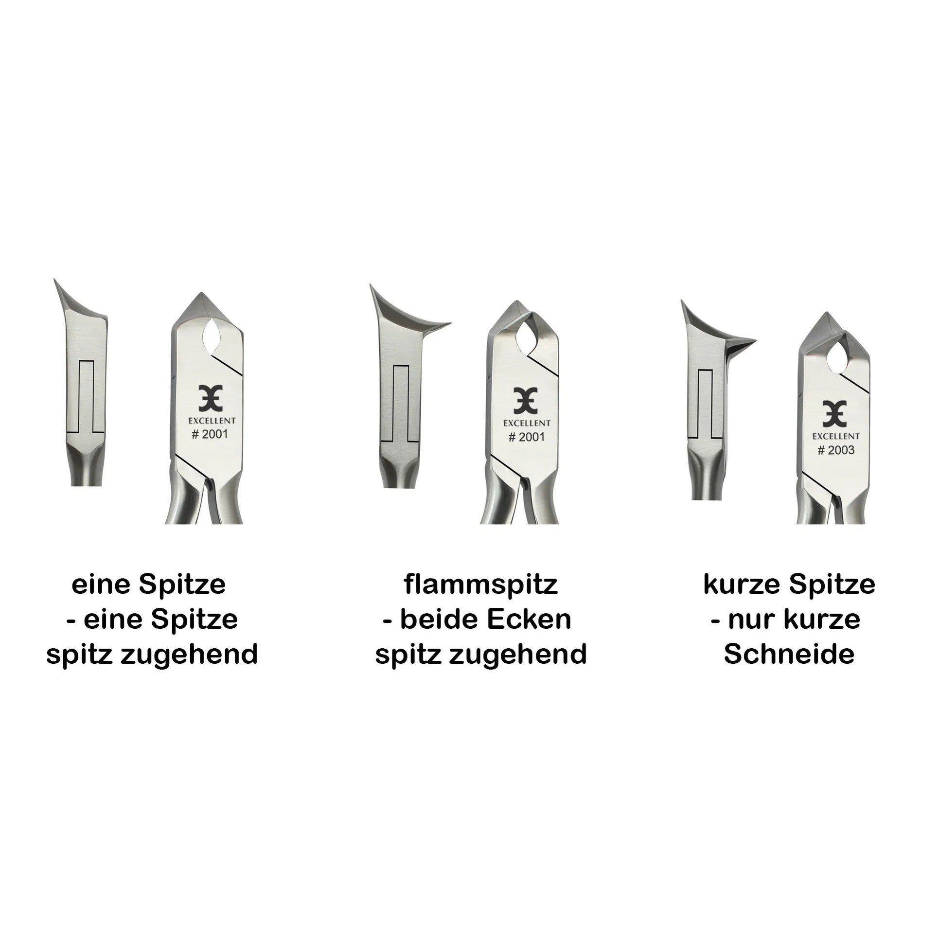 Drei Nagelzangen-Typen: eine Spitze, flammspitz, kurze Spitze. Marke Excellent, Modell #2001.