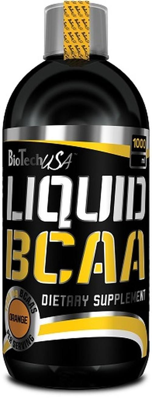 Schwarze Flasche mit gelbem Etikett. Aufschrift: BioTechUSA LIQUID BCAA. Orange Per Serving. Dietary Supplement.