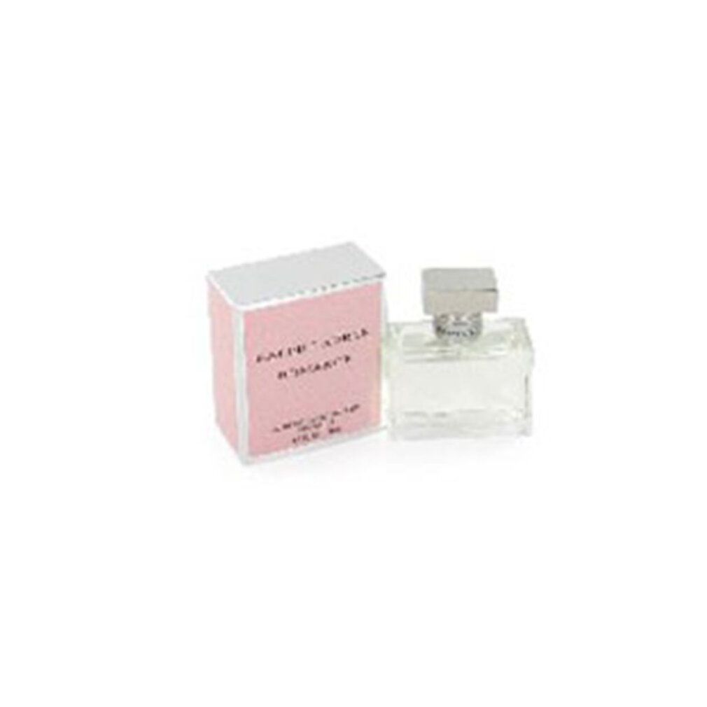 Ralph Lauren Romance Edp Spray. Flakon und Verpackung. Rosa Verpackung mit Text. Klarer Flakon mit silbernem Verschluss.