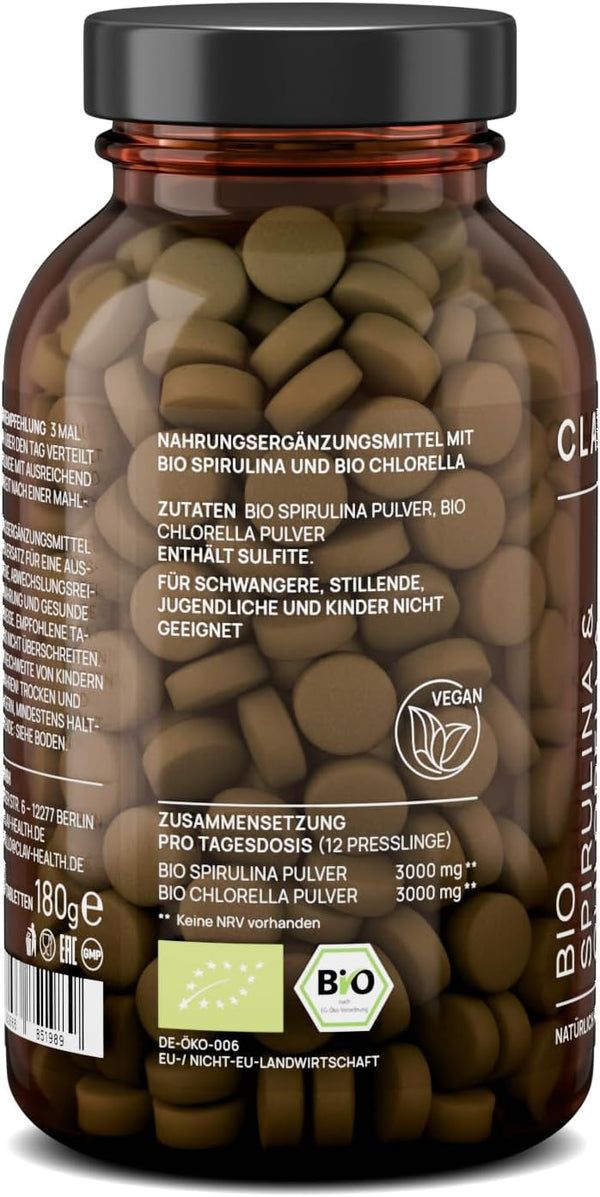 Braune Glasflasche mit Tabletten. Text: "BIO SPIRULINA & CHLORELLA". Vegan-Siegel.