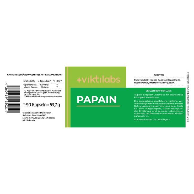 Produktverpackung mit grüner Banderole und weißem Etikett. Aufschrift: +viktilabs PAPAIN. Text und Zutatenliste.